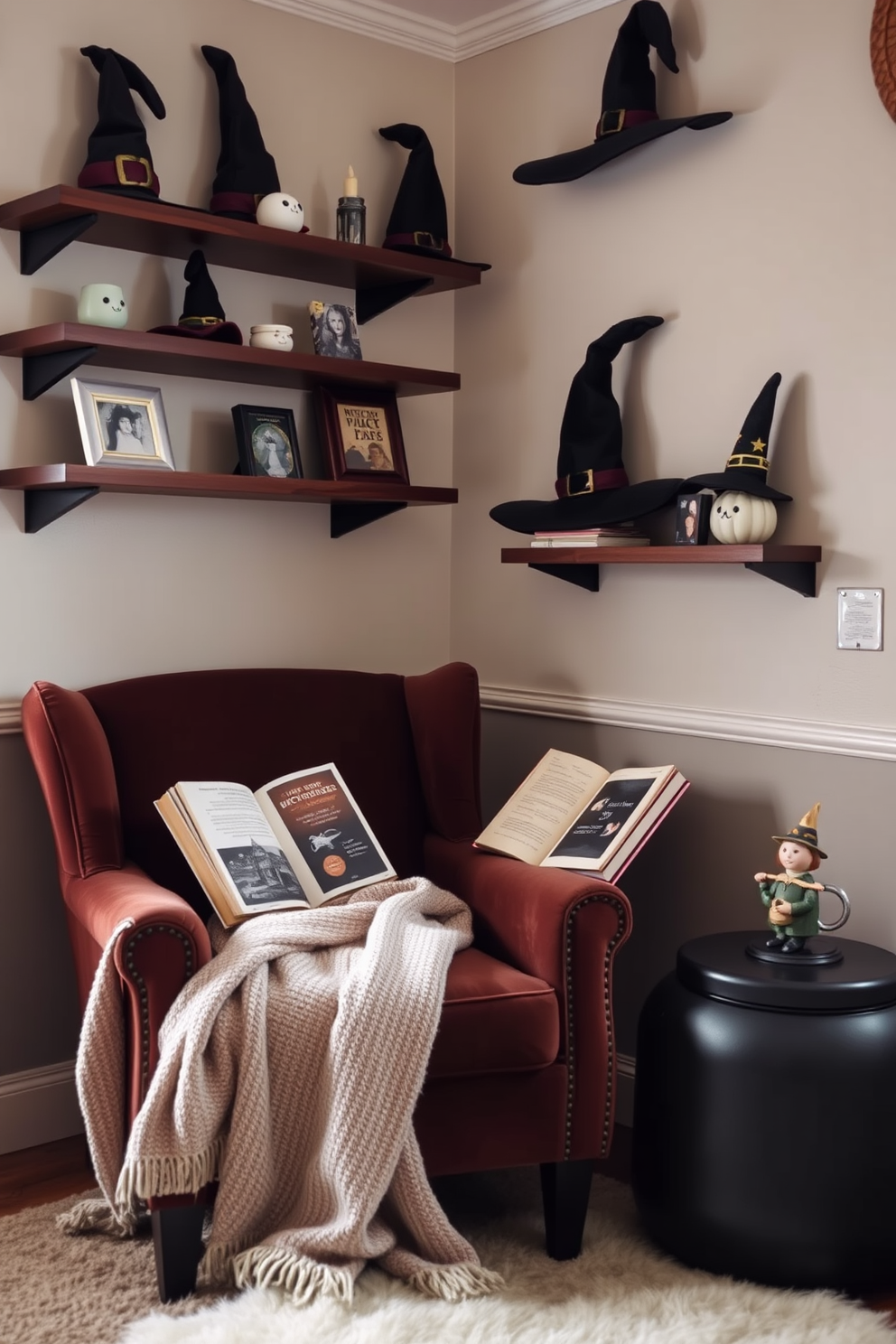 A cozy reading nook adorned with shelves displaying whimsical witch hat decor. The space features a plush armchair draped with a soft blanket, inviting readers to relax with a good book.