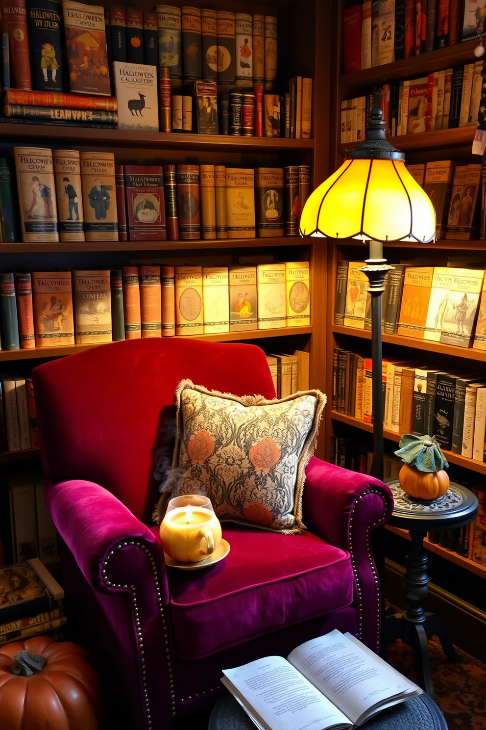 A cozy reading nook featuring a plush armchair upholstered in rich burgundy fabric. Surrounding the chair are shelves filled with vintage books adorned with Halloween-themed covers, creating a festive atmosphere. The nook is softly illuminated by a vintage floor lamp with an amber shade, casting a warm glow over the space. A small side table holds a steaming cup of cider and a decorative pumpkin, enhancing the Halloween spirit.