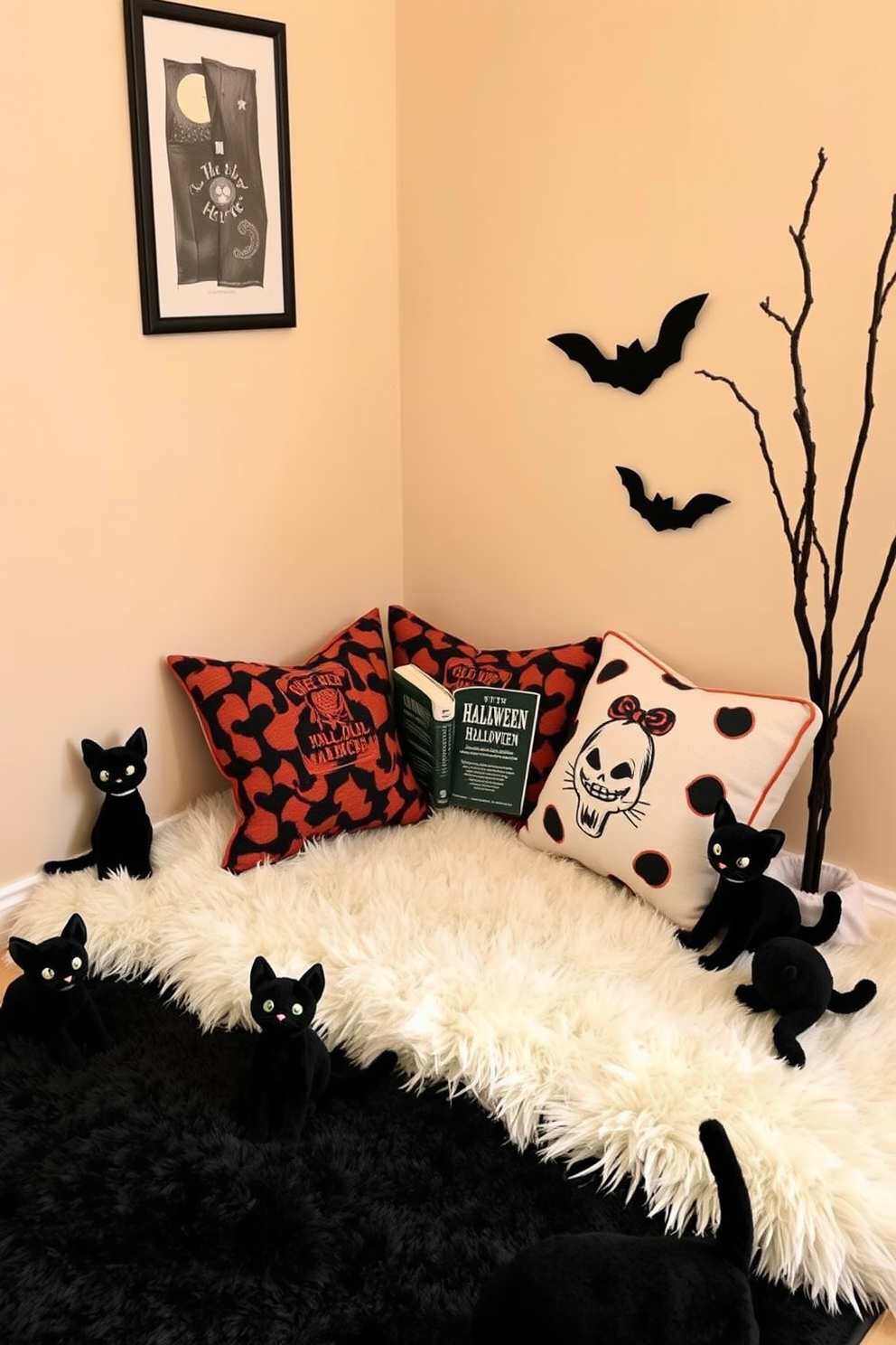 A cozy reading nook adorned with themed book displays featuring Halloween titles. The walls are painted in a deep orange hue, and a plush armchair sits in the corner, draped with a soft black throw blanket. Shelves lined with spooky books are decorated with miniature pumpkins and ghostly figurines. A small side table holds a steaming cup of apple cider and a flickering candle, creating an inviting atmosphere for autumn reading.