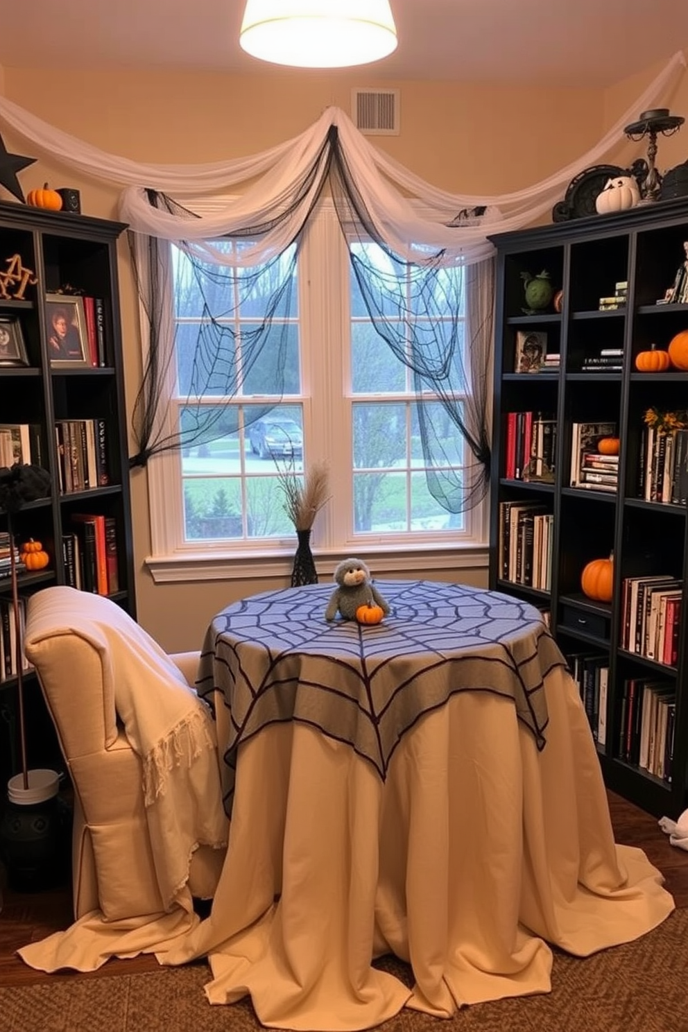 A cozy reading nook adorned with Halloween decorations. Shelves lined with black cat figurines showcase a whimsical collection, adding a playful touch to the space. The nook features a comfortable armchair draped in soft, orange fabric. Surrounding the chair are scattered pumpkins and flickering candle lights to enhance the seasonal ambiance.