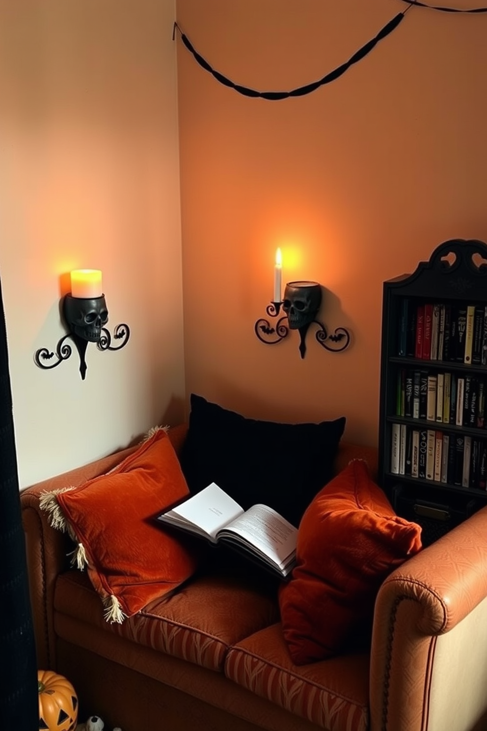 A cozy reading nook adorned for Halloween. Candles flicker in decorative skull holders, casting eerie shadows on the walls. Soft, plush cushions in deep orange and black invite you to curl up with a good book. A small bookshelf filled with spooky tales stands nearby, completing the festive atmosphere.