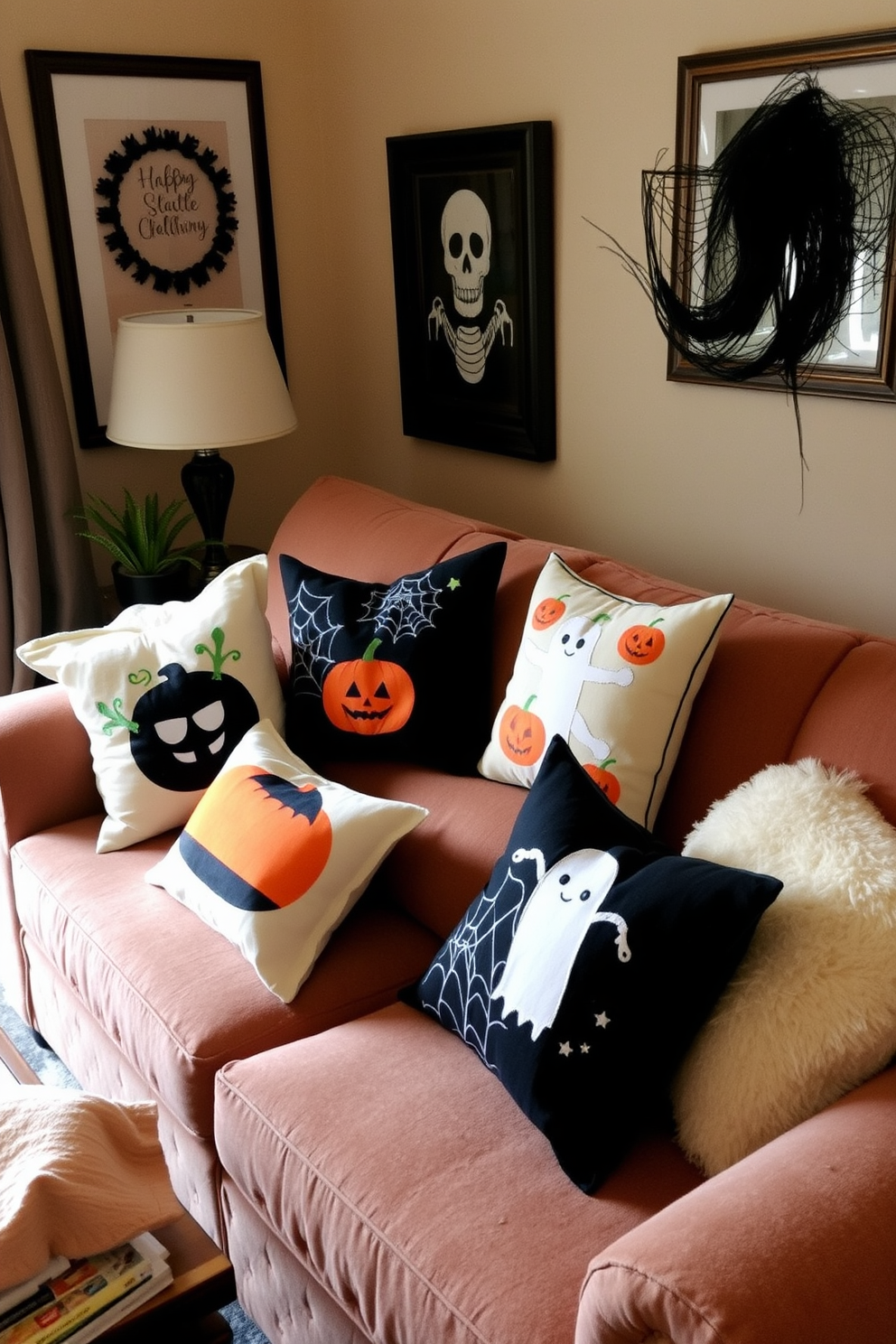 A cozy small living room adorned with spooky throw pillows on a plush sofa. The pillows feature various Halloween-themed designs including pumpkins, ghosts, and cobwebs, adding a playful yet eerie touch to the space.