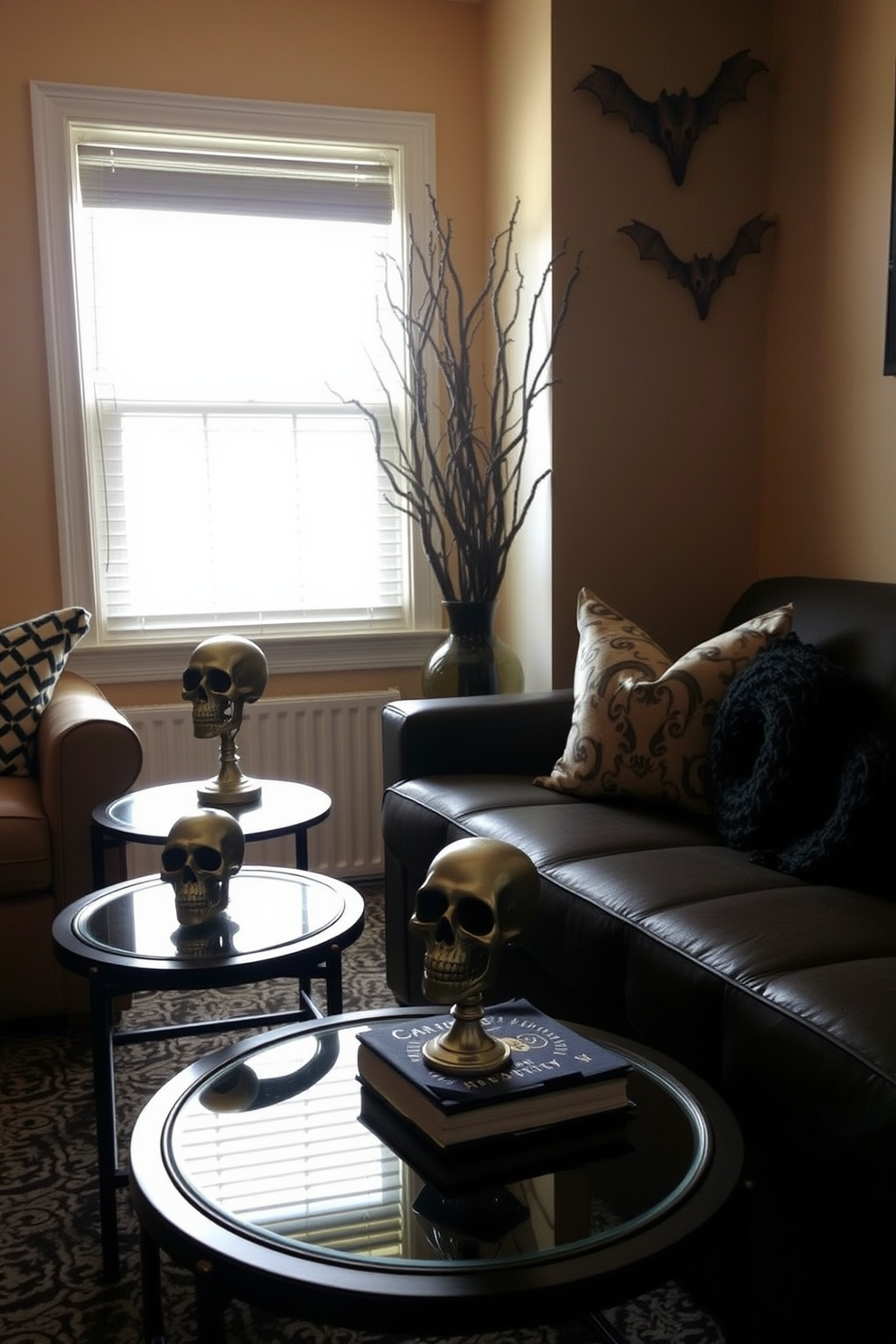 A cozy small living room decorated for Halloween features side tables adorned with intricate skull accents. The warm lighting casts playful shadows, enhancing the festive atmosphere while maintaining a sophisticated aesthetic.