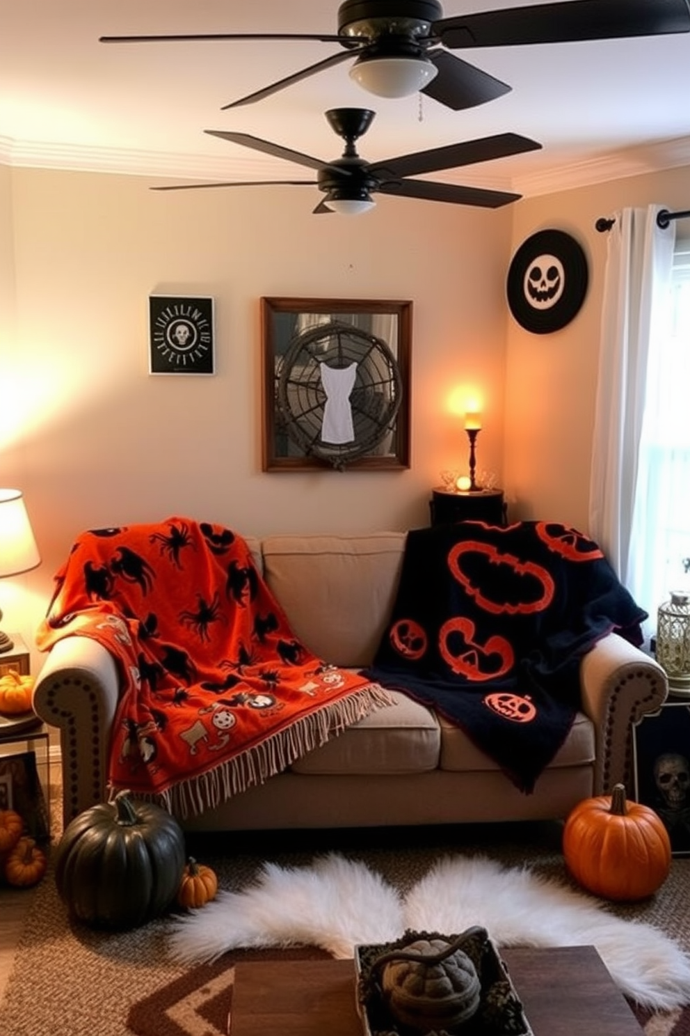 A cozy small living room adorned with colorful Halloween-themed throw blankets draped over a plush sofa. The space is illuminated by soft lighting, creating a warm ambiance with decorative pumpkins and spooky accents placed throughout the room.