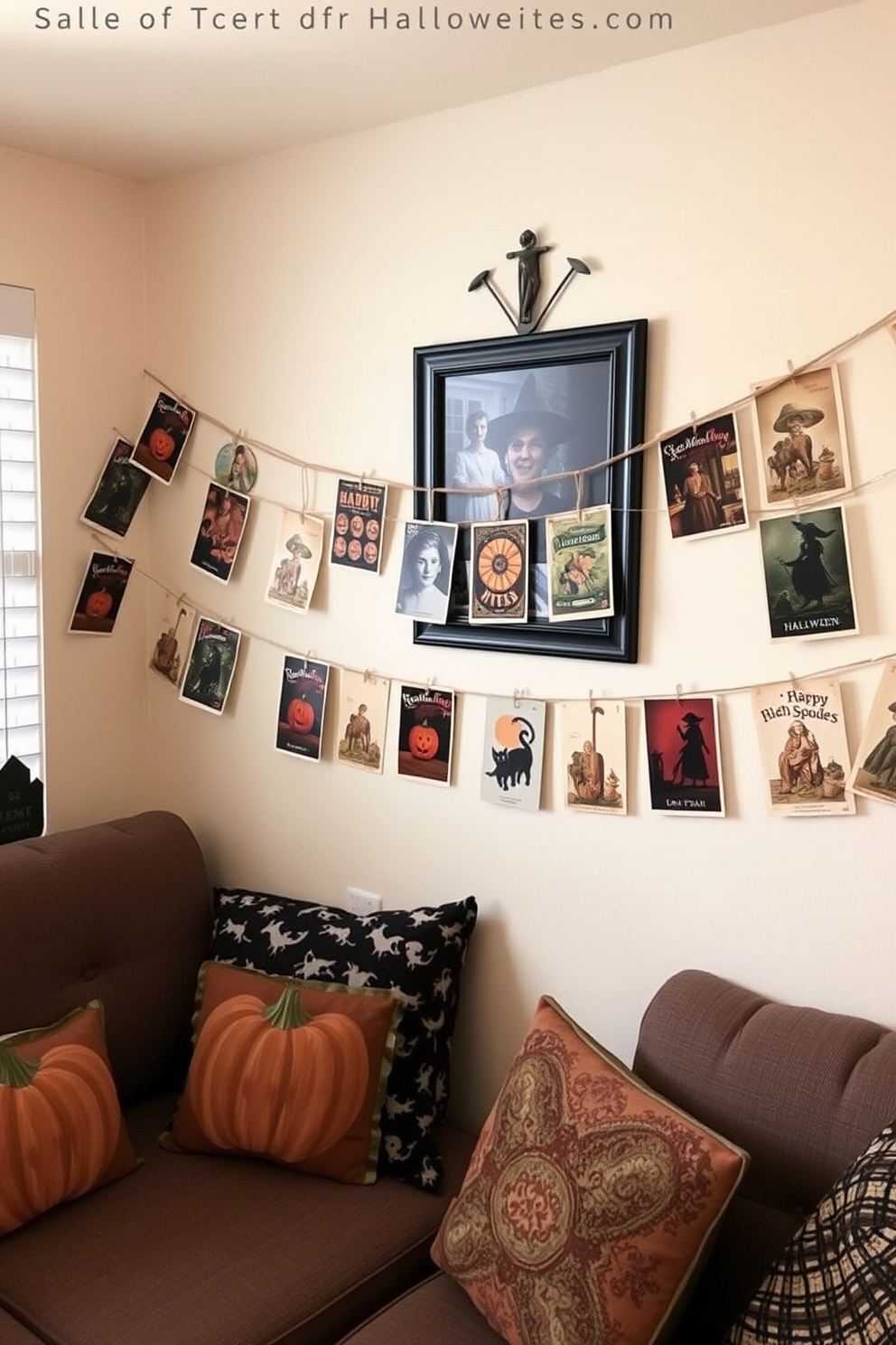 A cozy small living room decorated for Halloween features vintage postcards displayed on a string of twine across the wall. The postcards include classic Halloween imagery such as pumpkins, black cats, and witches, creating a nostalgic and festive atmosphere.