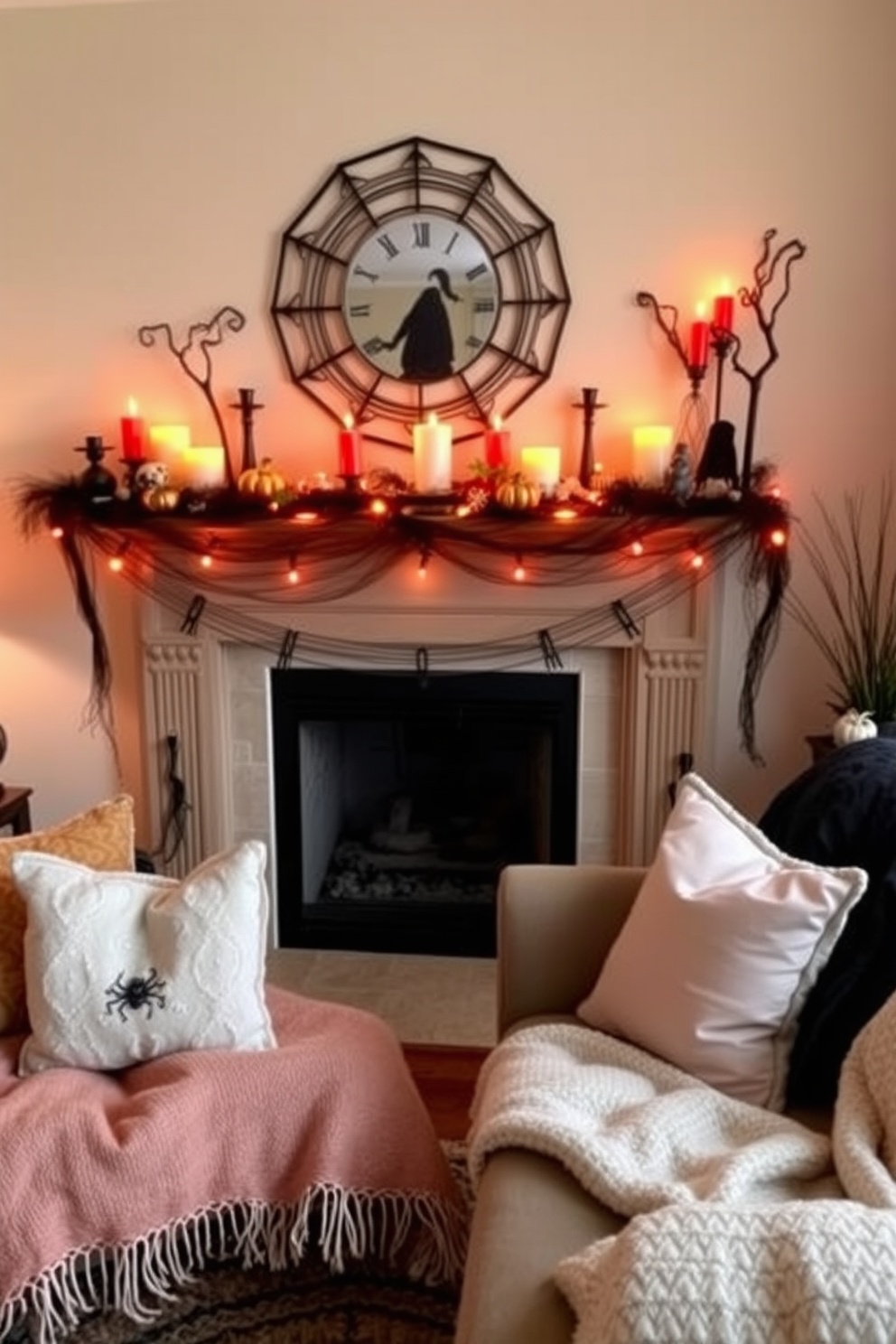 A cozy small living room decorated for Halloween. The mantel is adorned with festive candles in various shapes and sizes, casting a warm glow across the room. Spooky decorations like miniature pumpkins and cobwebs enhance the Halloween theme. Soft, autumnal colors in throw pillows and blankets create a welcoming atmosphere.