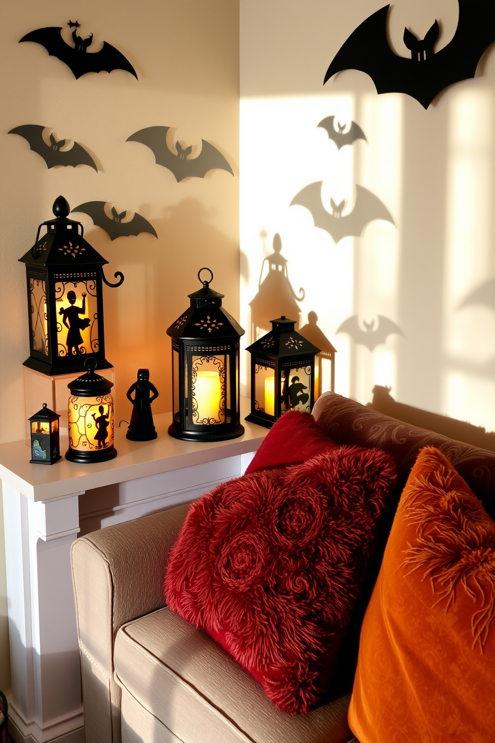 A cozy small living room adorned with decorative lanterns featuring spooky designs. The lanterns are placed on a mantelpiece, casting eerie shadows across the walls, while plush cushions in autumn colors invite guests to relax.