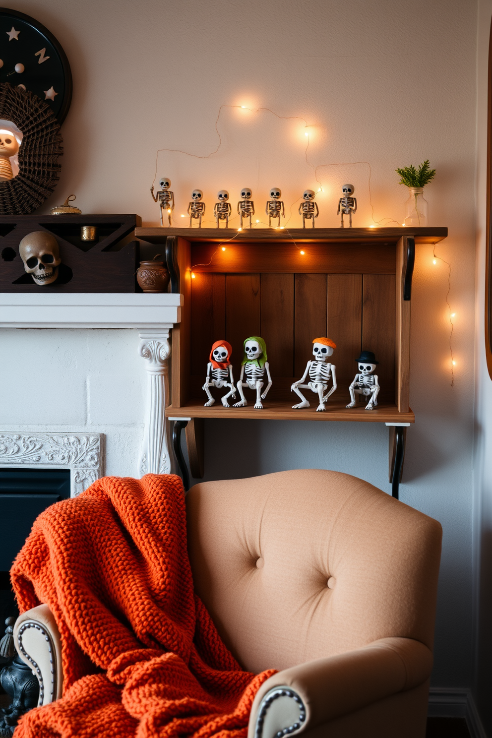 Charming skeleton figurines are artfully arranged on a rustic wooden shelf in a cozy small living room. The warm glow of string lights enhances the playful atmosphere, while a plush orange throw blanket drapes over a vintage armchair.