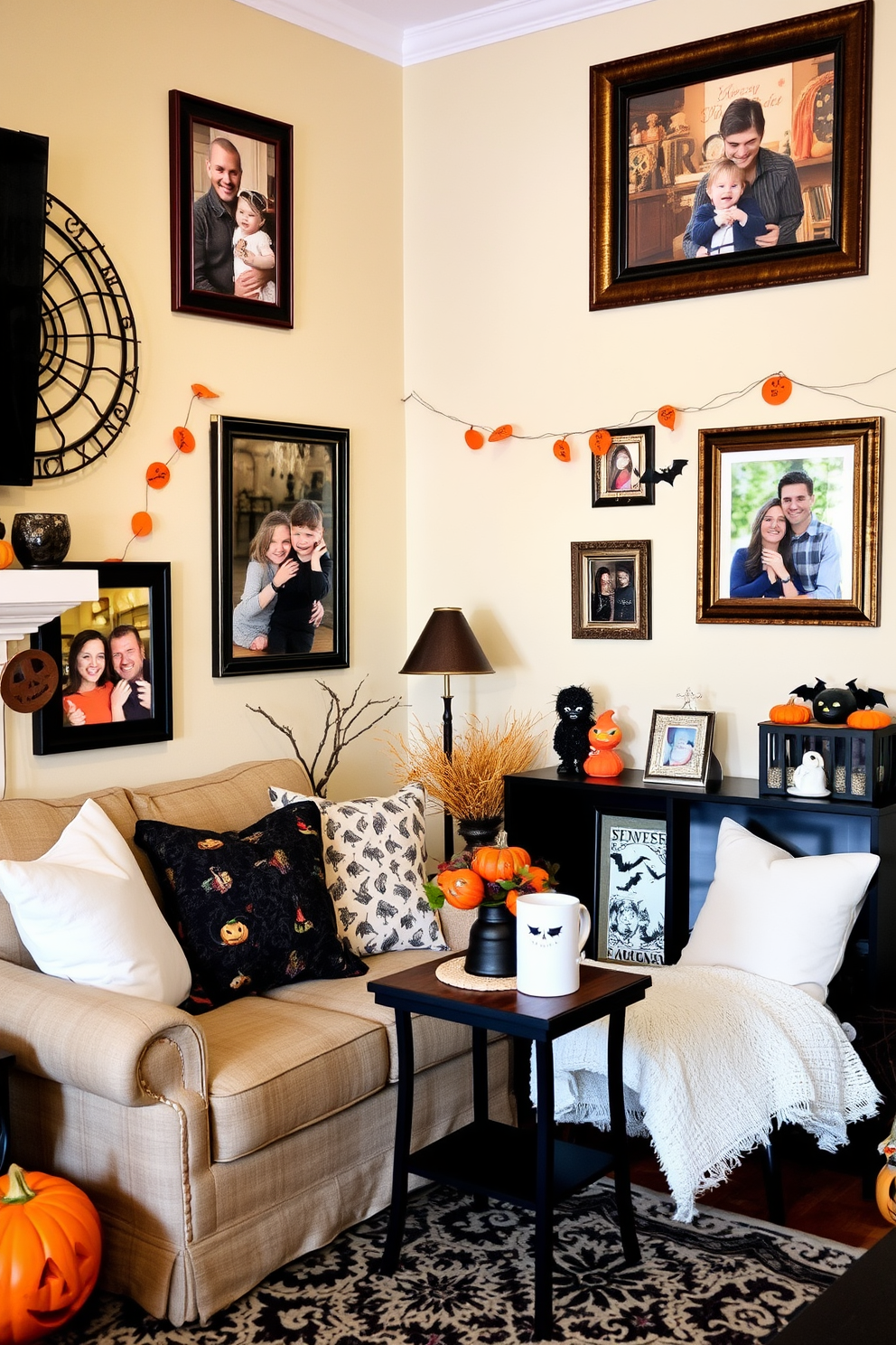 A cozy small living room decorated for Halloween. The walls are adorned with framed family photos in Halloween-themed frames, featuring spooky designs and autumn colors.