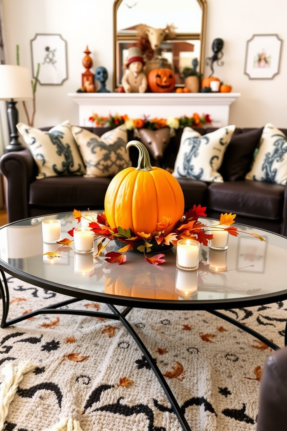 A cozy living room adorned for Halloween features a stylish coffee table at the center. On the table, a vibrant pumpkin centerpiece is surrounded by autumn leaves and small candles, creating a warm and inviting atmosphere.