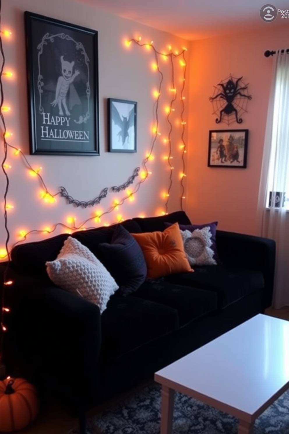 A cozy small living room decorated for Halloween features warm orange fairy lights that create a soft glow throughout the space. The walls are adorned with spooky-themed art, and a plush black sofa is accented with orange and purple throw pillows.