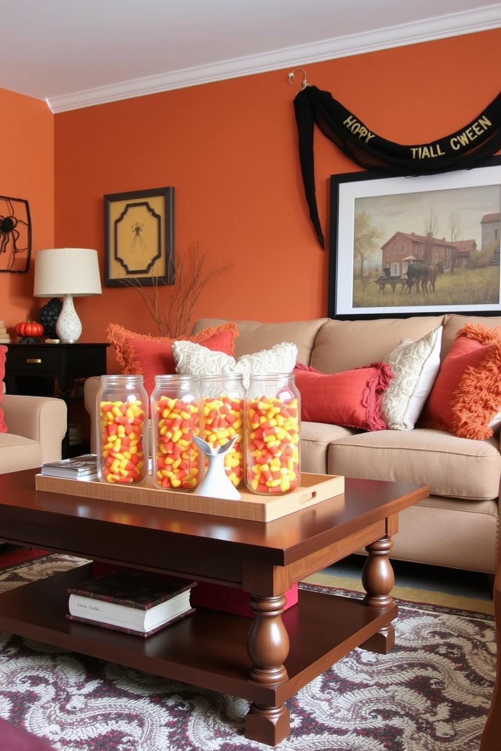 A cozy small living room decorated for Halloween features a stylish coffee table adorned with decorative jars filled with vibrant candy corn. The walls are painted in warm autumn hues, and plush throw pillows in seasonal colors add a festive touch to the seating area.