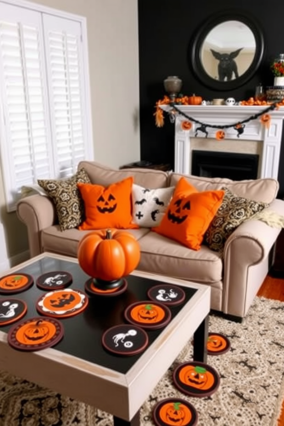 A cozy small living room decorated for Halloween. The coffee table is adorned with an array of Halloween-themed coasters featuring pumpkins and ghosts. Soft orange and black throw pillows are scattered on the couch. A spooky-themed garland hangs above the mantel, adding a festive touch to the space.