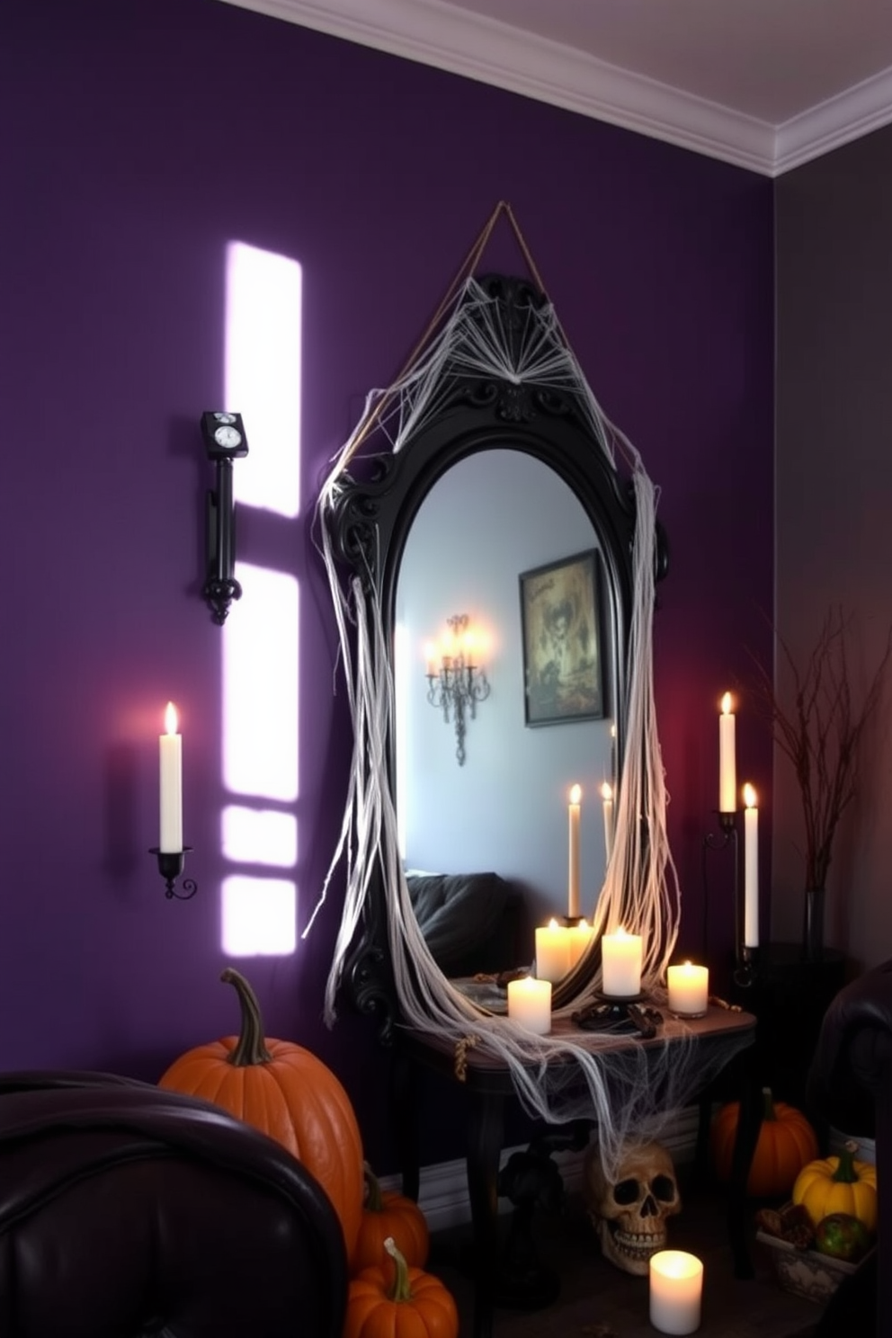 An eerie mirror with cobweb accents is the focal point of the small living room. The walls are painted in deep purple, and scattered around are pumpkins and flickering candles for a haunting ambiance.