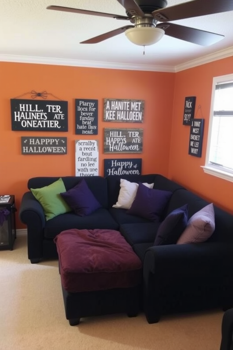 A cozy small living room adorned with layered rugs in vibrant Halloween colors. The space features a plush orange rug topped with a deep purple one, creating a warm and inviting atmosphere.