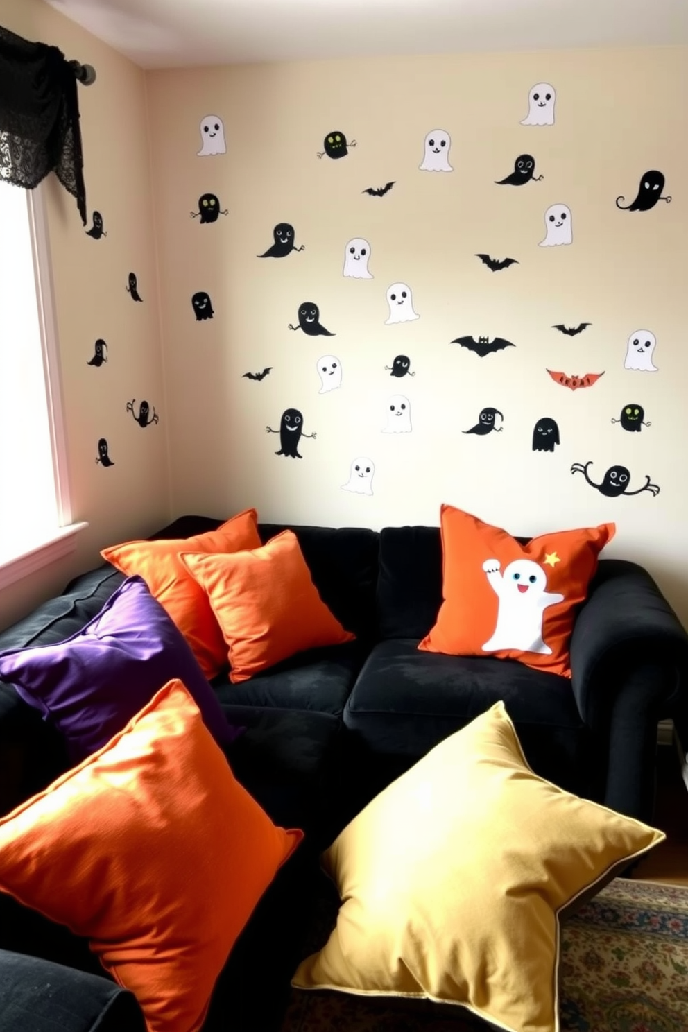 A cozy small living room decorated for Halloween features a plush sofa adorned with seasonal throw blankets in rich autumn colors. The space is accented with festive decorations like miniature pumpkins and spooky candles, creating a warm and inviting atmosphere.