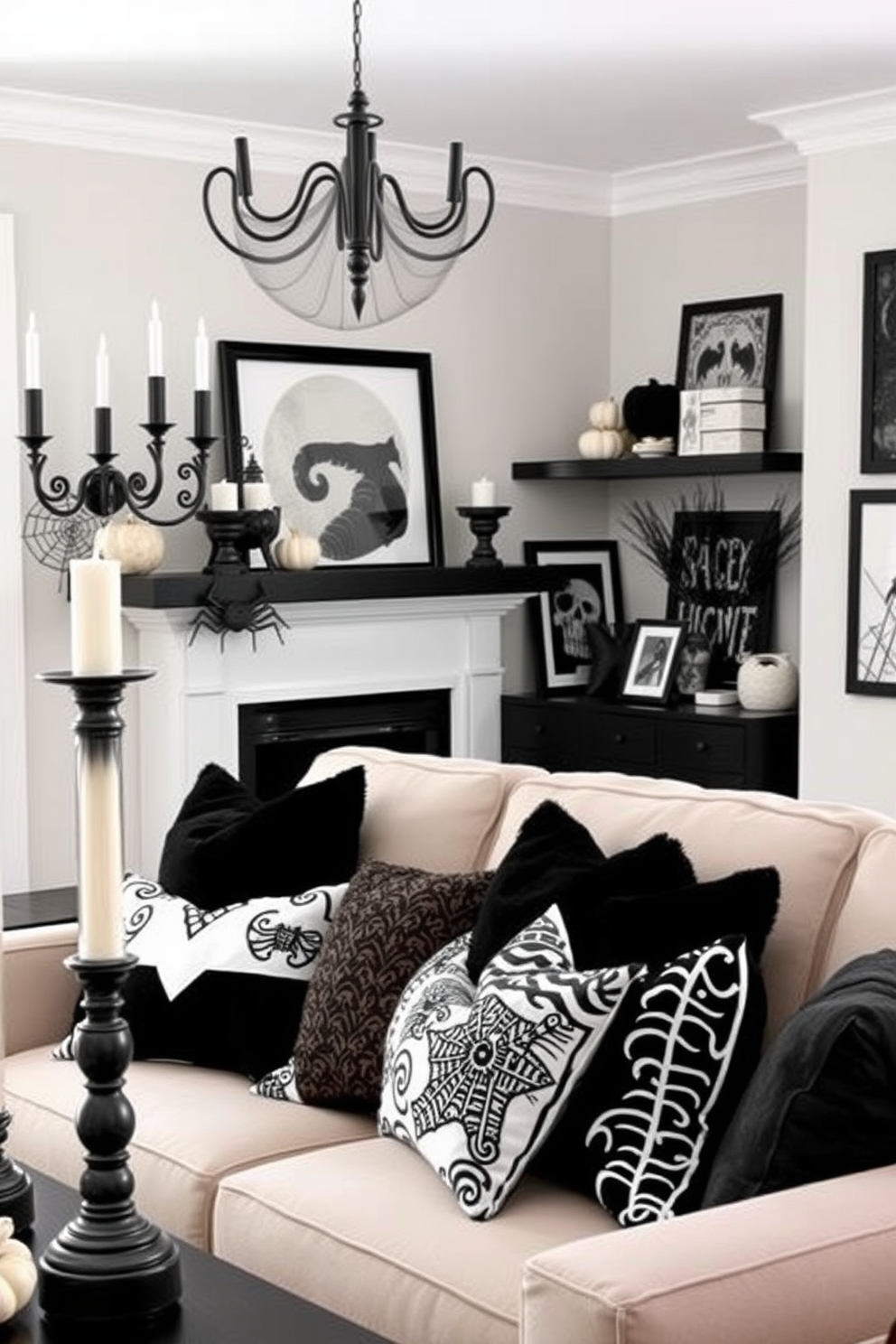 A cozy small living room adorned for Halloween features decorative cauldrons filled with an assortment of treats. The space is enhanced with warm lighting, orange and black accents, and playful Halloween-themed decorations that create a festive atmosphere.