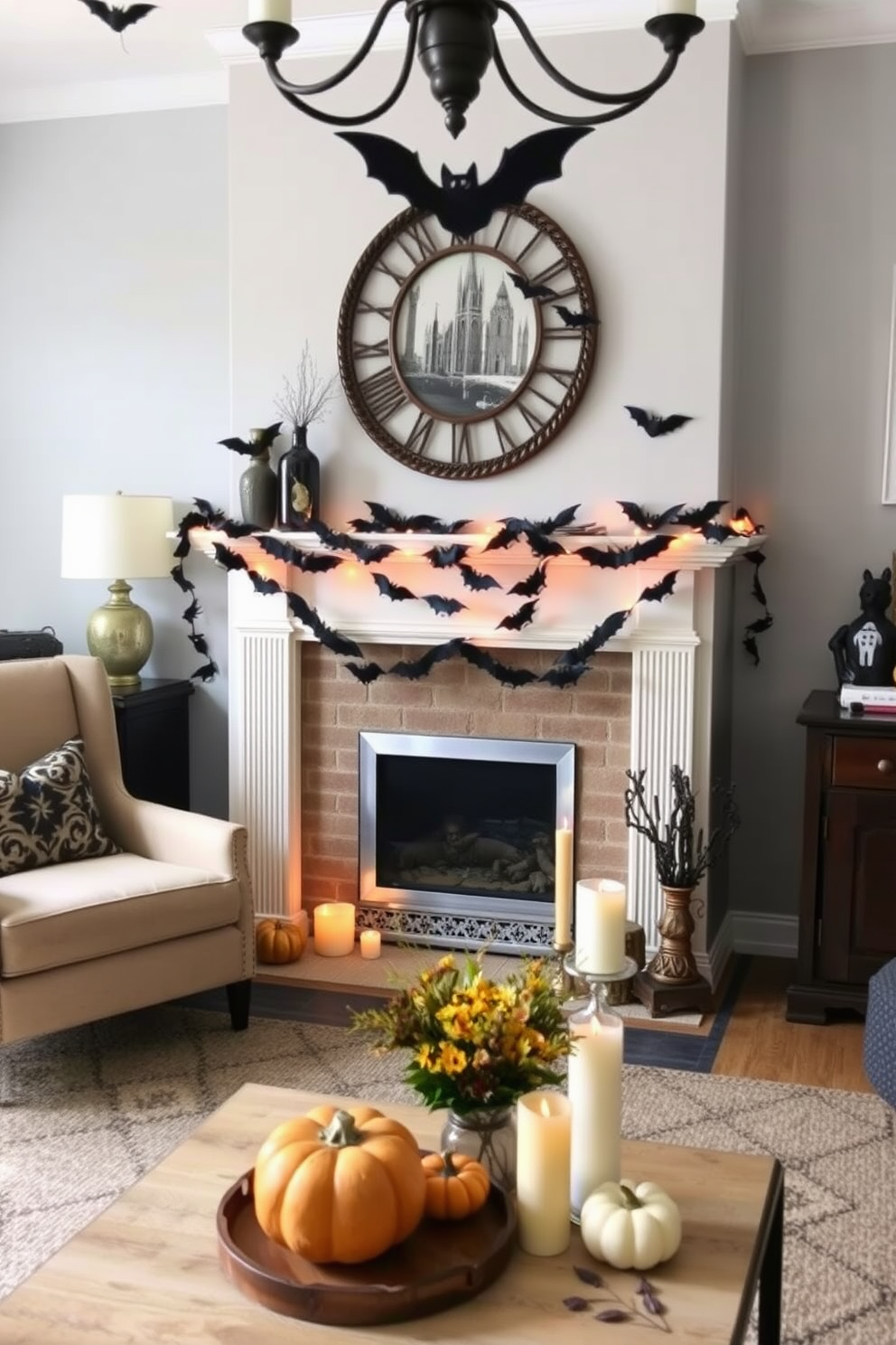 A cozy living room adorned for Halloween features a bat garland elegantly draped across the mantel. The space is enhanced with small decorative elements like pumpkins and candles that create a festive yet inviting atmosphere.