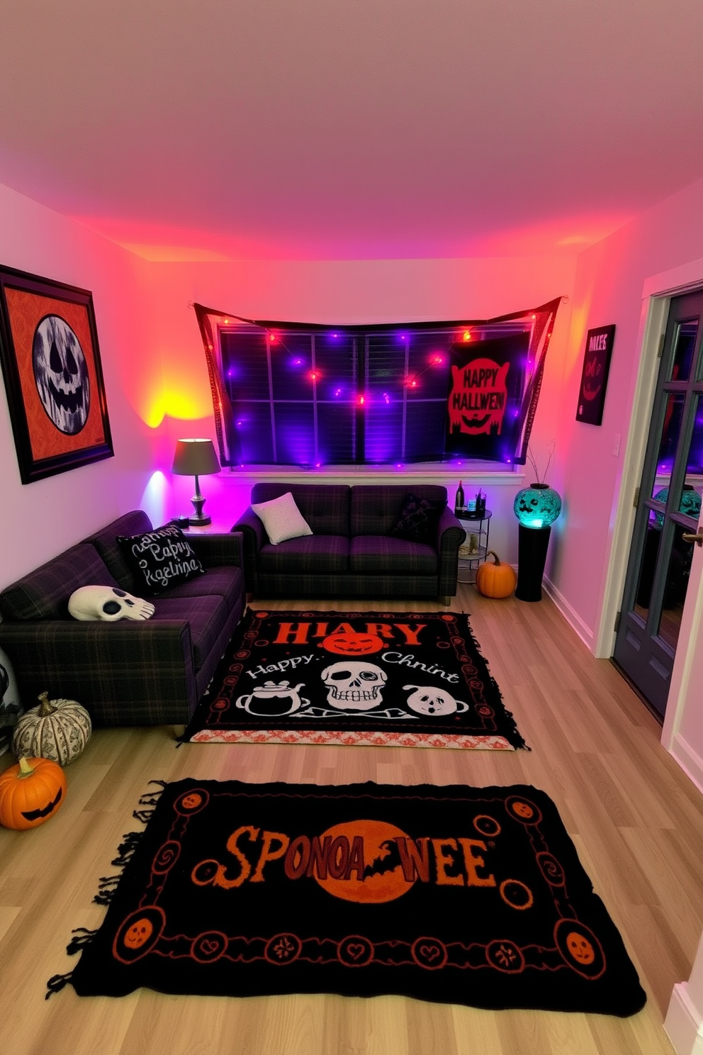 A cozy small living room adorned with whimsical skeleton figurines that bring a playful touch to the Halloween decor. The space features a plush, dark-colored sofa, accented with vibrant throw pillows and a spooky-themed blanket draped over one arm. A small coffee table in the center holds an array of decorative pumpkins and candles, creating a warm ambiance. The walls are painted in a soft orange hue, and a whimsical artwork depicting a haunted house adds character to the room.