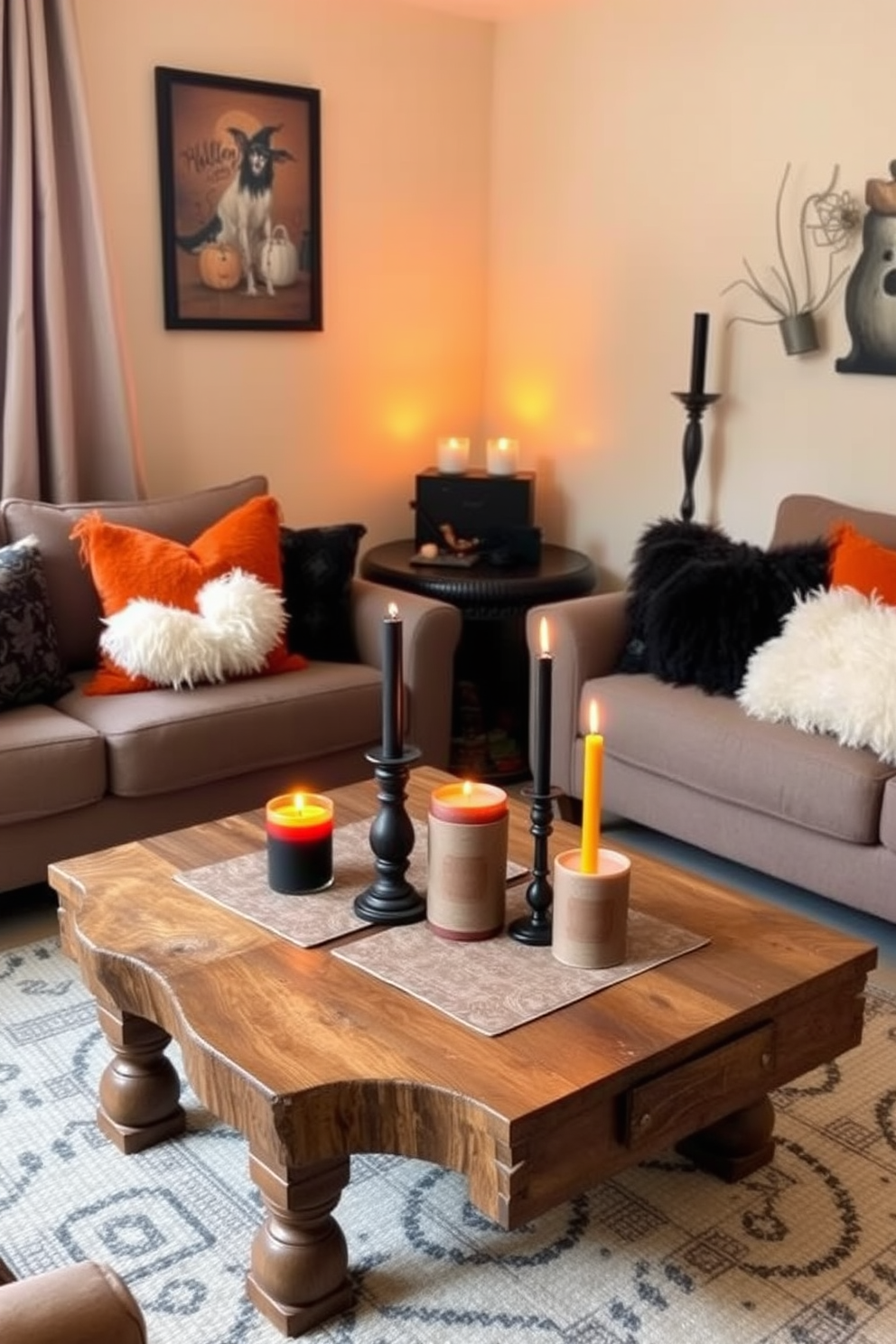 A cozy small living room decorated for Halloween features candles in black and orange hues placed on a rustic wooden coffee table. The walls are adorned with subtle Halloween-themed art, and plush cushions in seasonal colors invite relaxation.