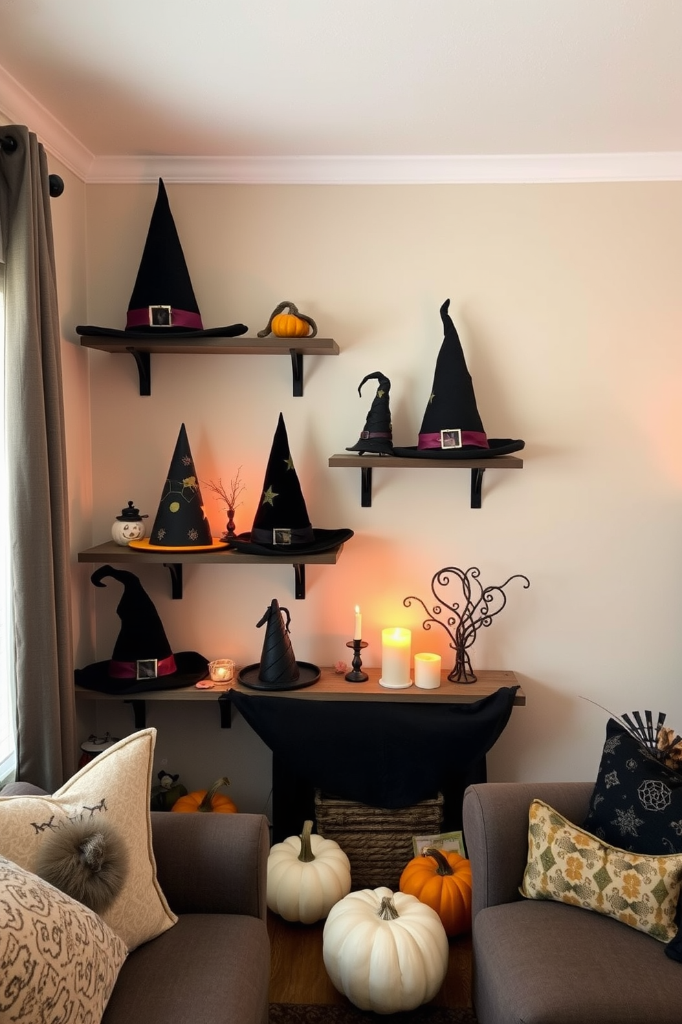 A cozy small living room decorated for Halloween features decorative shelves adorned with various witch hats in different styles and colors. Soft lighting casts a warm glow, highlighting the playful arrangement of the hats among seasonal decor like pumpkins and candles.