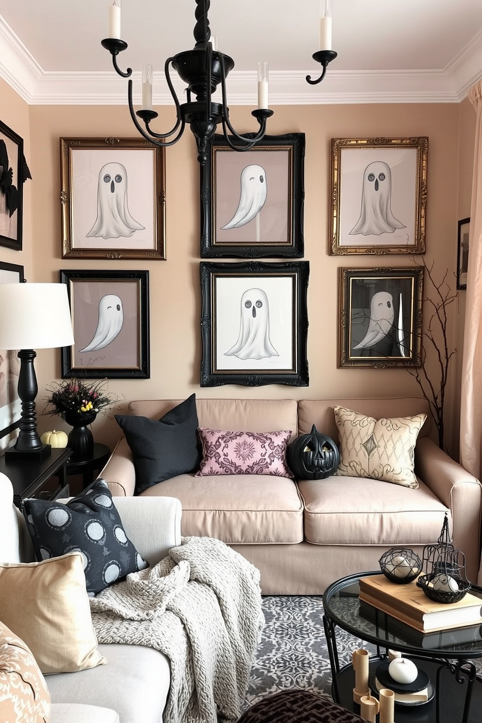 A cozy small living room decorated for Halloween features hanging ghost decorations from the ceiling. The walls are adorned with subtle autumn-themed artwork, and a plush orange and black throw blanket is draped over a stylish armchair.