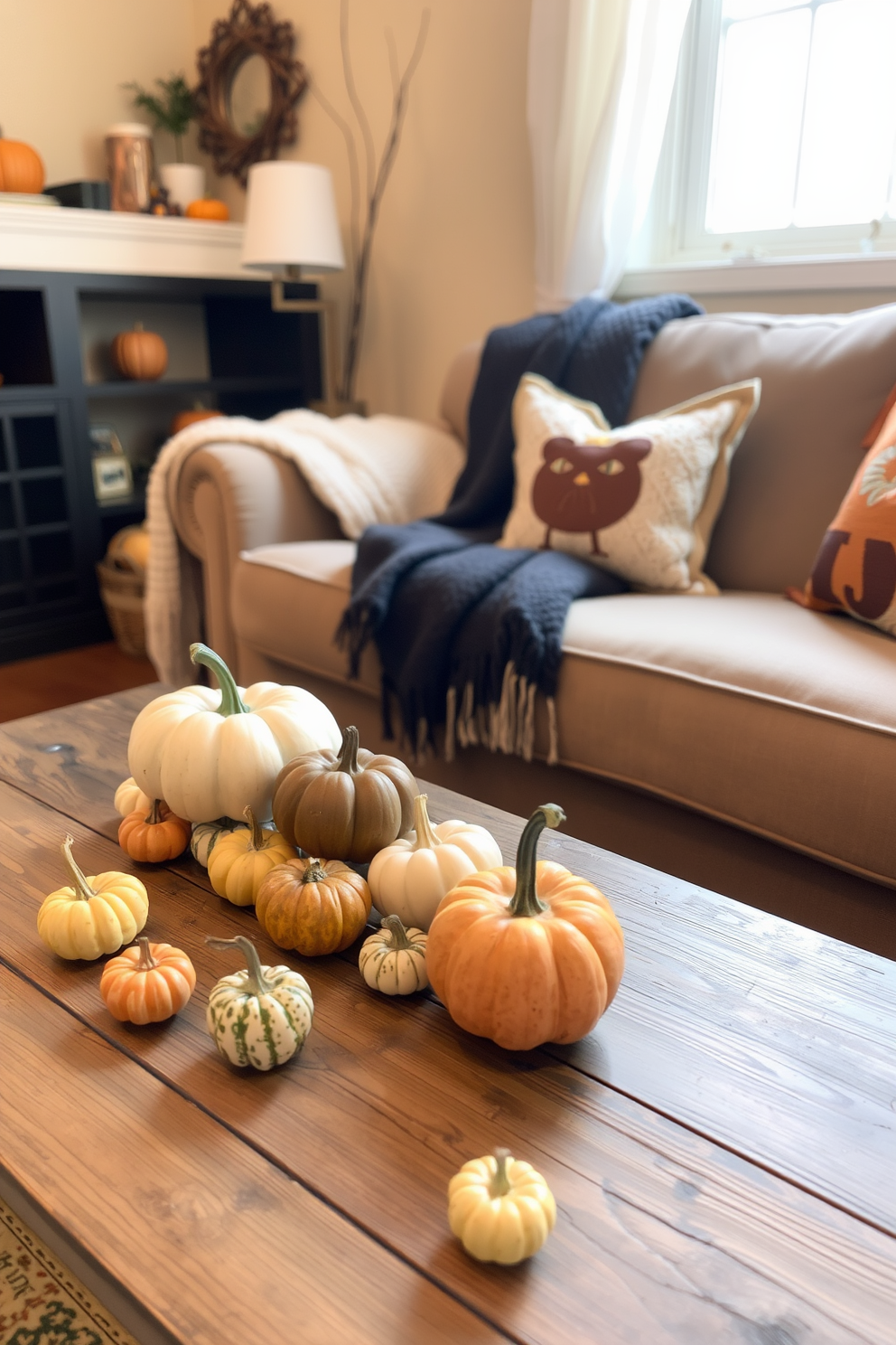 A cozy small living room adorned with Halloween decor. The windows and walls feature artistic bat silhouettes casting playful shadows throughout the space. A plush sofa is draped with an orange and black throw blanket, complemented by festive cushions. A small coffee table is decorated with miniature pumpkins and flickering candles, creating an inviting atmosphere.