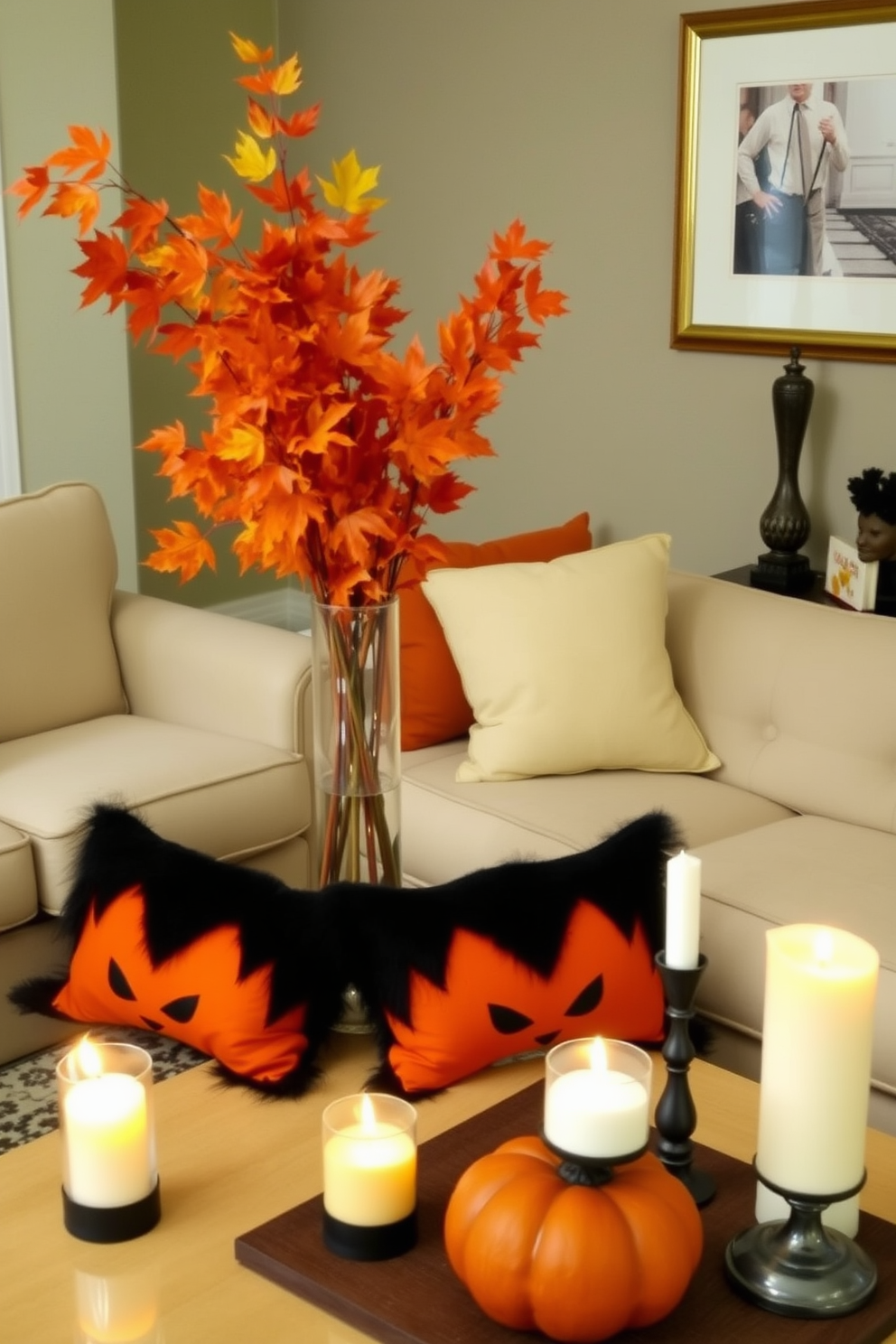 A small living room decorated for Halloween features a cozy arrangement of furniture. The focal point is a glass vase filled with vibrant autumn leaves, adding a seasonal touch to the space. Soft orange and black throw pillows are placed on a neutral-colored sofa, enhancing the festive atmosphere. A few strategically placed candles flicker on a coffee table, creating an inviting ambiance for gatherings.