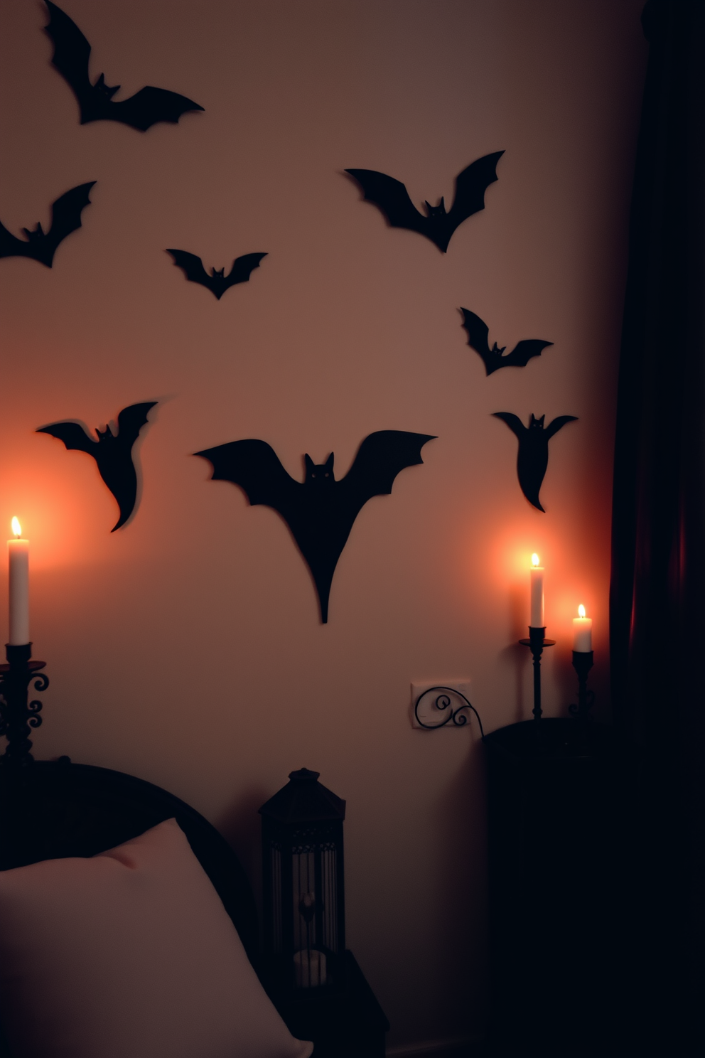 Spooky wall art featuring eerie silhouettes of bats and ghosts adorns the walls, creating a haunting atmosphere perfect for Halloween. The decor is complemented by strategically placed candles that flicker softly, enhancing the overall spooky vibe while maintaining a cozy feel in the small space. Incorporate dark, moody colors such as deep purples and blacks to accentuate the Halloween theme. Utilize compact furniture and clever storage solutions to maximize the space while showcasing festive decorations throughout the room.