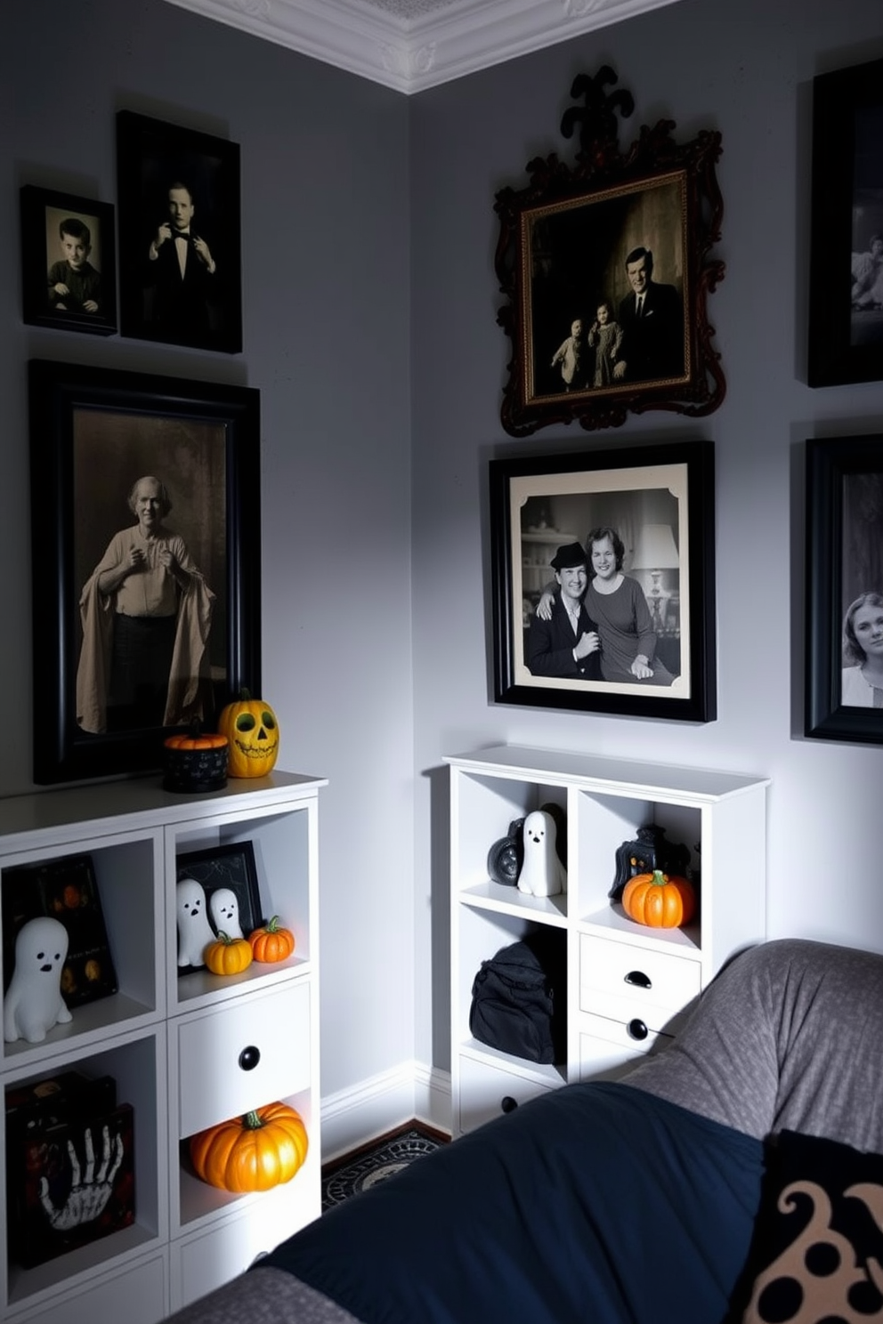 A cozy corner decorated for Halloween features wreaths made of vibrant autumn leaves and playful bats. The small space is enhanced with warm lighting and seasonal accents that create a festive yet inviting atmosphere.