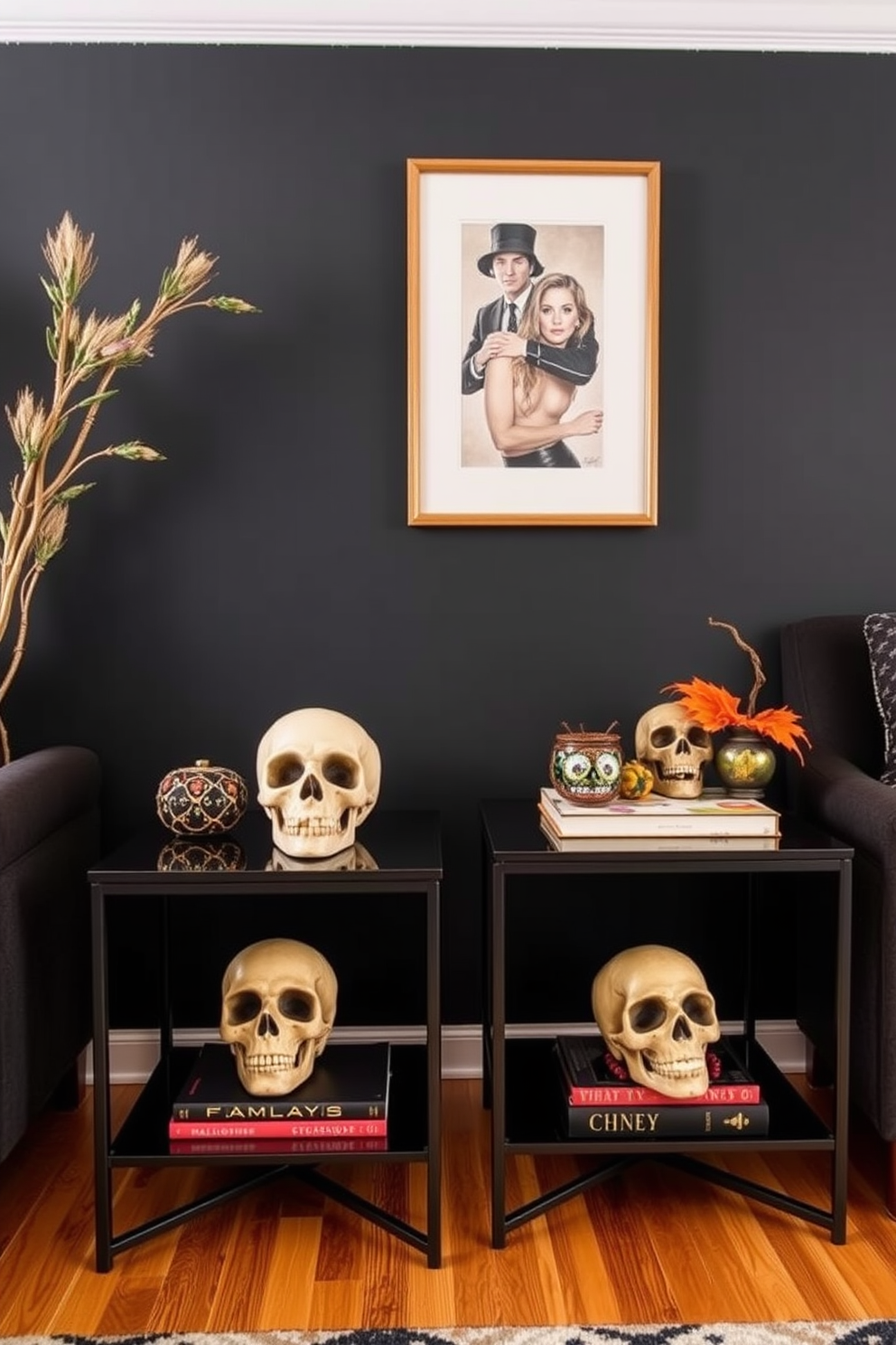 A cozy dining area featuring a small round table adorned with a black table runner that has orange pumpkin patterns. Surrounding the table are four stylish chairs, and a centerpiece of flickering candles in black and orange holders adds a festive touch. The walls are painted in a soft gray to enhance the warm tones of the decor. A small shelf displays seasonal decorations, including miniature ghosts and autumn leaves, creating a welcoming atmosphere for Halloween gatherings.