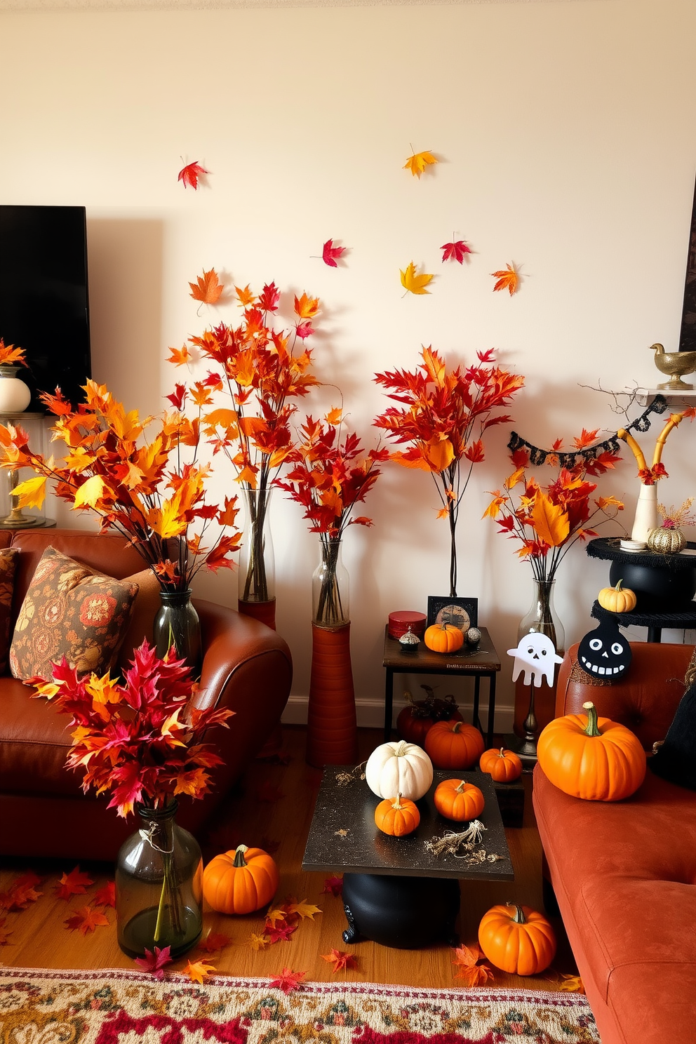 A cozy DIY haunted house sits on a rustic wooden shelf adorned with cobwebs and miniature pumpkins. Flickering LED candles illuminate the spooky details, creating an eerie yet inviting atmosphere for Halloween. Above the haunted house, small decorative bats and ghosts hang from the shelf, adding a playful touch to the small space. The shelf is painted in deep purple, contrasting beautifully with the warm autumn colors of the decorations.