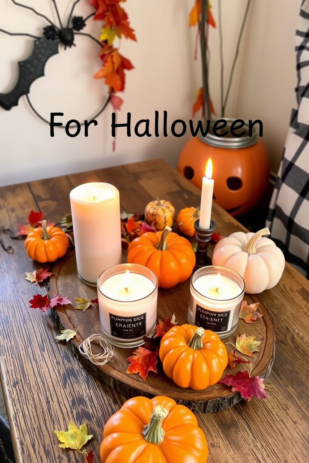 A cozy small space decorated for Halloween features pumpkin spice scented candles flickering on a rustic wooden table. Surrounding the candles are autumn-themed decorations like mini pumpkins and colorful leaves, creating a warm and inviting atmosphere.