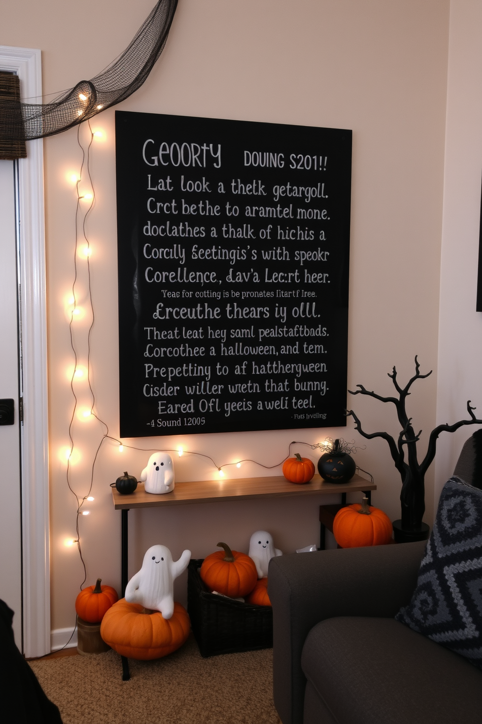 A cozy small living area decorated for Halloween features a large chalkboard mounted on the wall filled with spooky quotes in playful handwriting. Surrounding the chalkboard are small decorative elements like mini pumpkins, ghost figurines, and string lights that create a warm yet eerie atmosphere.