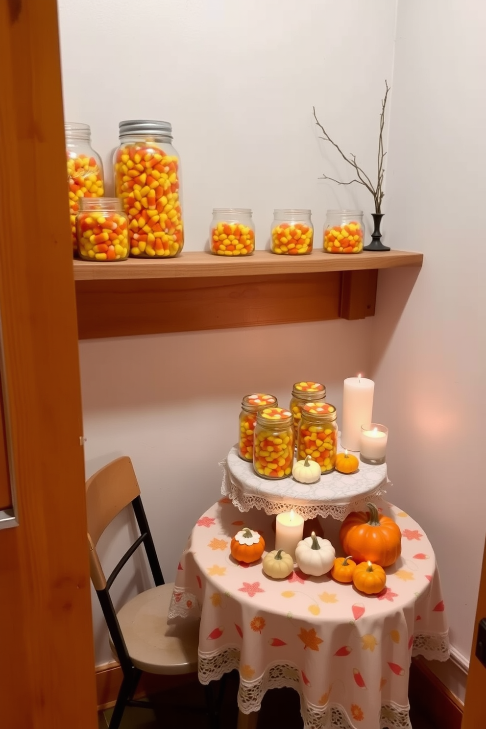 Mason jars filled with candy corn are arranged on a rustic wooden shelf, creating a festive and playful atmosphere. The vibrant colors of the candy contrast beautifully with the warm tones of the wood, inviting a sense of nostalgia and seasonal charm. In a small space, a cozy corner is adorned with a delicate table draped in a soft autumn-themed tablecloth. A cluster of mason jars filled with candy corn sits at the center, surrounded by miniature pumpkins and flickering candles for an inviting touch.