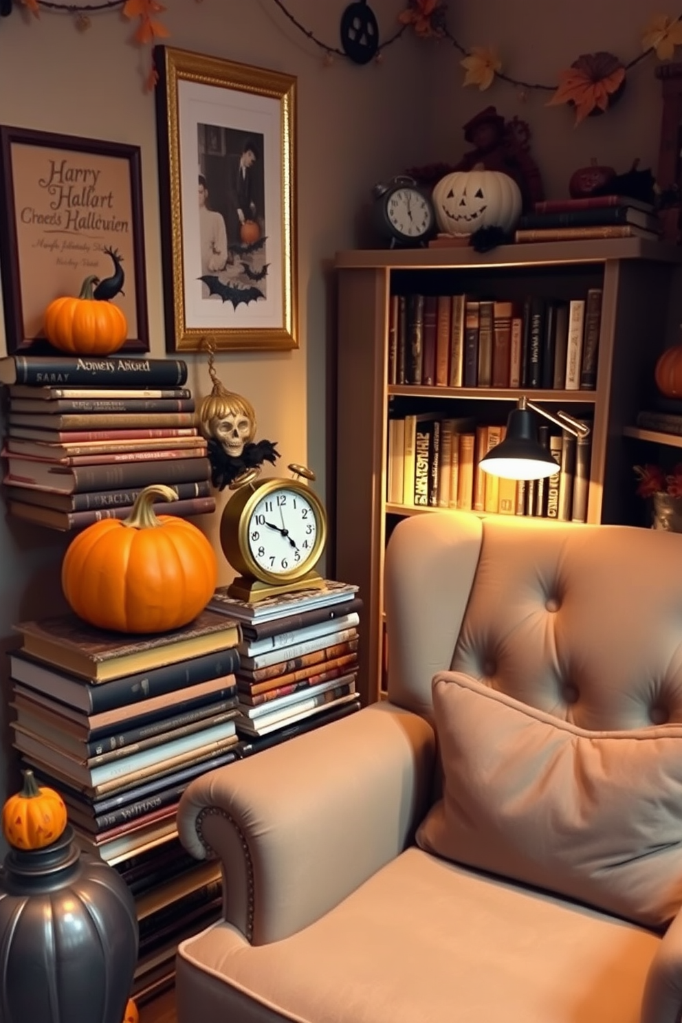 A cozy corner featuring vintage books stacked artfully next to a decorative pumpkin and a small antique clock. The space is adorned with whimsical Halloween decorations, creating a festive yet inviting atmosphere. A charming reading nook with a plush armchair positioned beside a small bookshelf filled with classic literature. Soft, warm lighting illuminates the area, enhancing the seasonal decor with hints of orange and black accents.