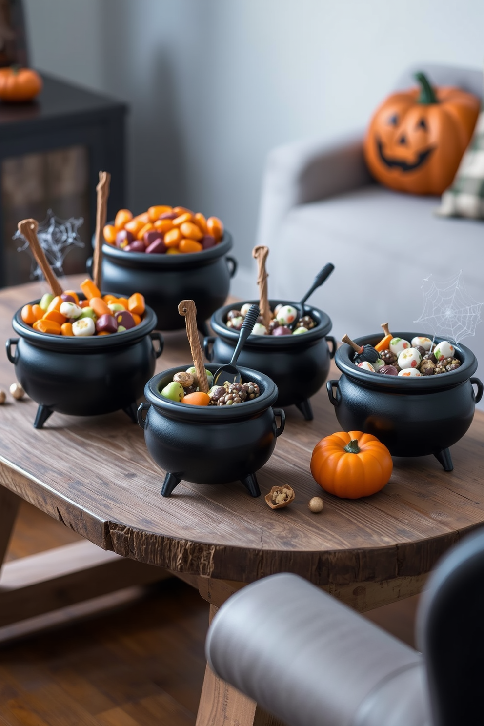 A cozy corner featuring pumpkin spice scented candles arranged on a wooden shelf. The warm glow of the candles enhances the autumn atmosphere, creating a welcoming vibe for Halloween. In a small living space, decorate with seasonal accents like miniature pumpkins and festive throw pillows. Utilize vertical space with wall-mounted shelves to display seasonal decor without cluttering the area.