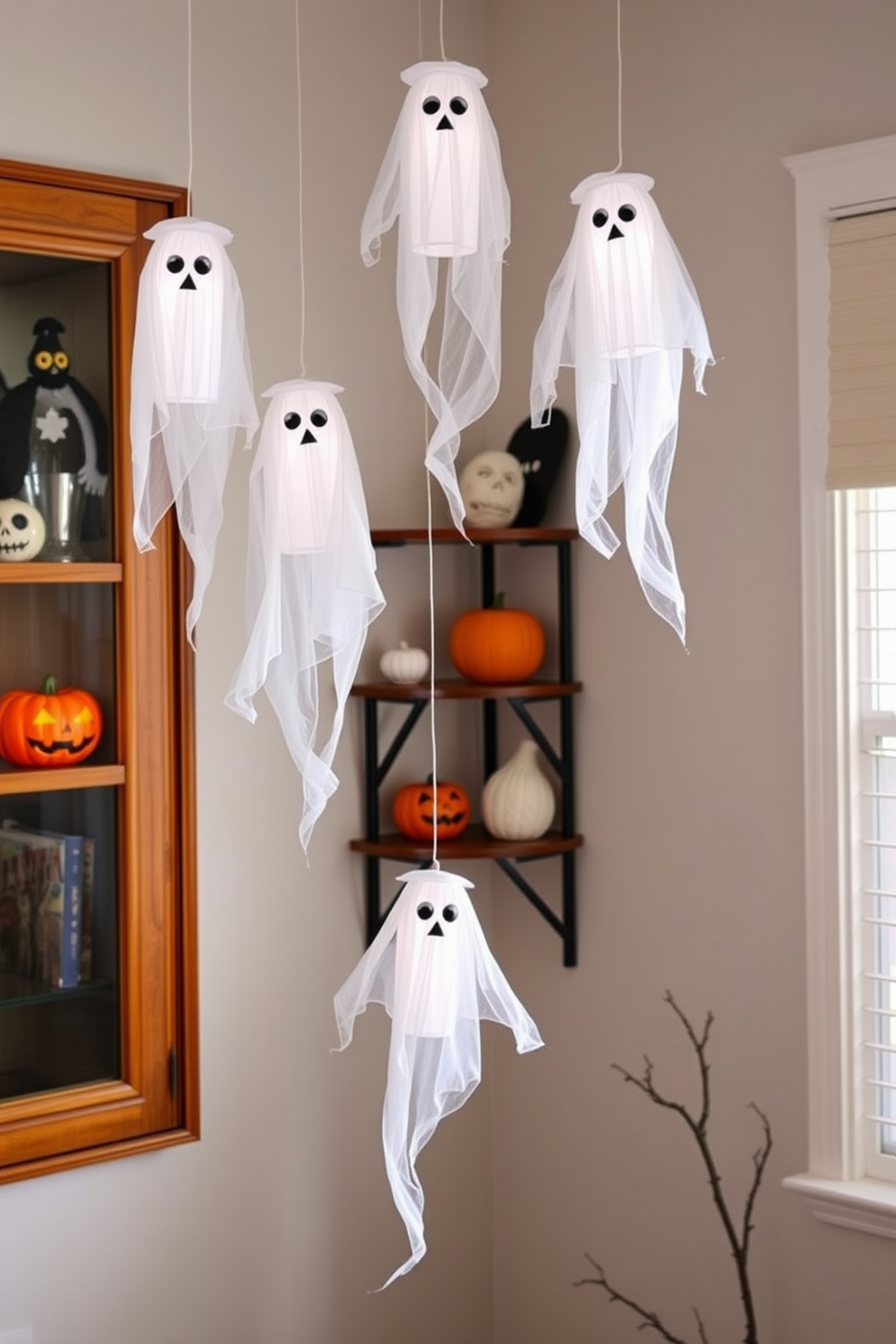 Hanging ghost decorations in the corners create a whimsical and spooky atmosphere perfect for Halloween. Use sheer white fabric to craft ethereal ghosts that sway gently with the breeze, enhancing the festive spirit. Incorporate small space decorating ideas by utilizing vertical space with wall-mounted shelves for displaying seasonal decor. Choose lightweight and removable decorations to maintain flexibility and avoid clutter in compact areas.