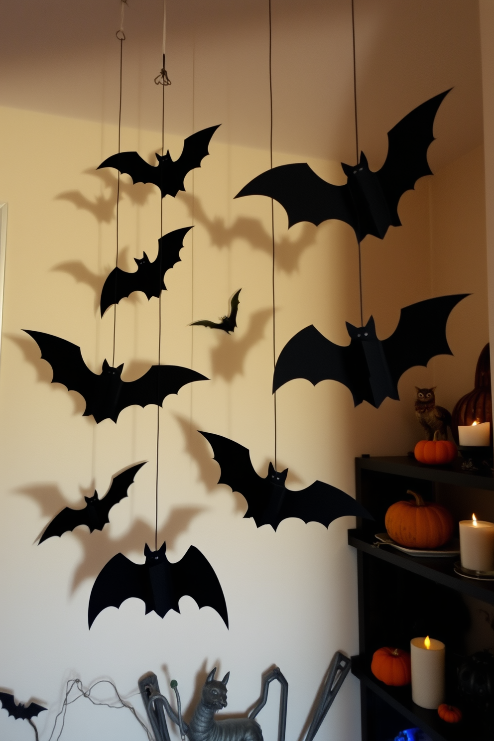 Hanging bats are suspended from the ceiling, creating a whimsical and spooky atmosphere for Halloween. The bats are crafted from black paper and vary in size, casting playful shadows on the walls. In this small space, the decor is enhanced with strategically placed Halloween-themed accents. Pumpkins and candles are arranged on shelves, adding warmth and charm to the cozy environment.