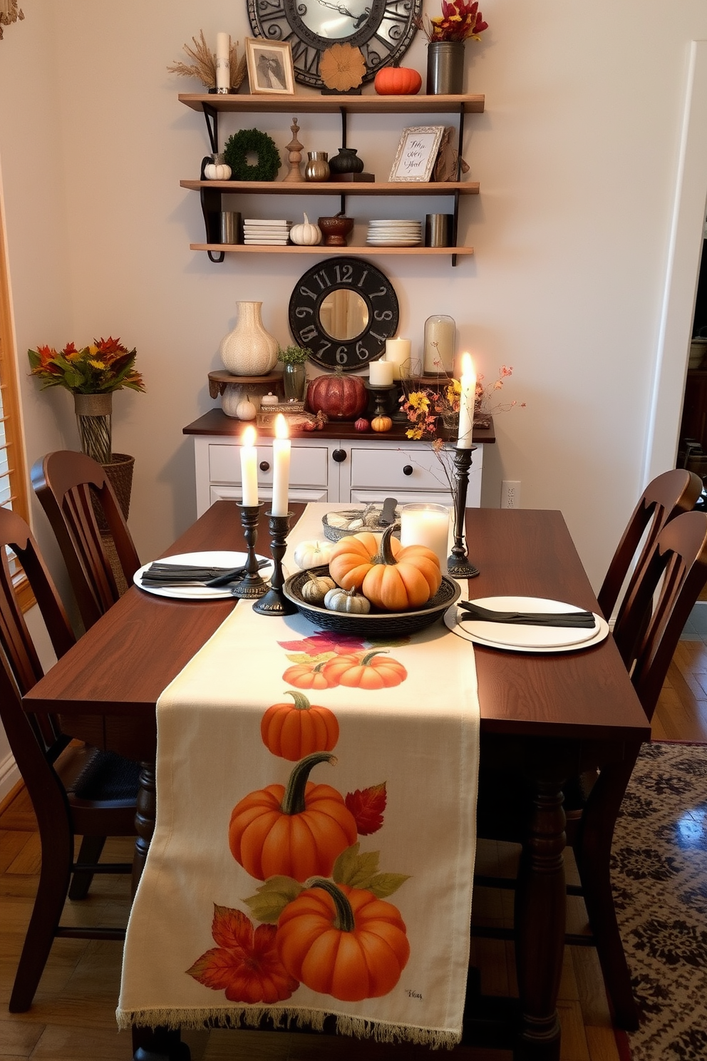 A cozy dining table adorned with a seasonal table runner featuring vibrant pumpkins in various shapes and sizes. The table is set for an intimate gathering, with warm candlelight and autumn-themed decorations enhancing the inviting atmosphere. In a small space, clever use of vertical elements adds charm without overwhelming the area. Decorative shelves display seasonal accents, while a compact centerpiece brings a festive touch to the table setting.