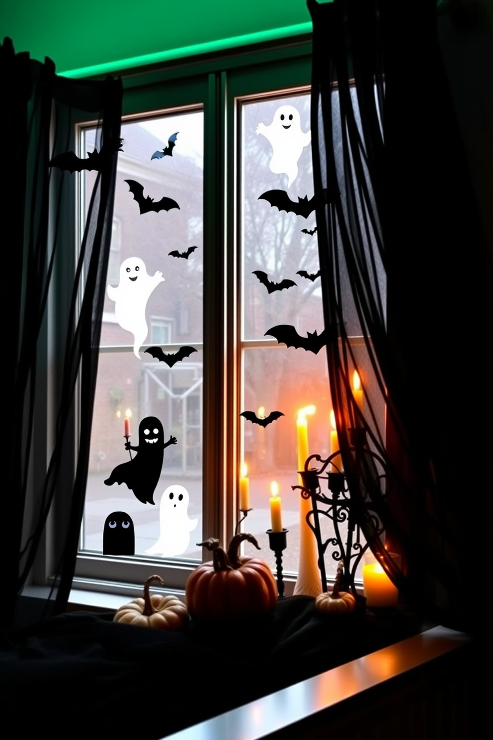 Spooky window clings decorate the glass, featuring ghostly figures and eerie bats that create a haunting atmosphere. The window is framed with sheer black curtains that flutter gently in the breeze, enhancing the Halloween spirit. Small space decorating ideas incorporate dark, moody colors and whimsical accents to maximize the festive feel. A cleverly arranged display of miniature pumpkins and flickering candles adds warmth and charm to the limited area.