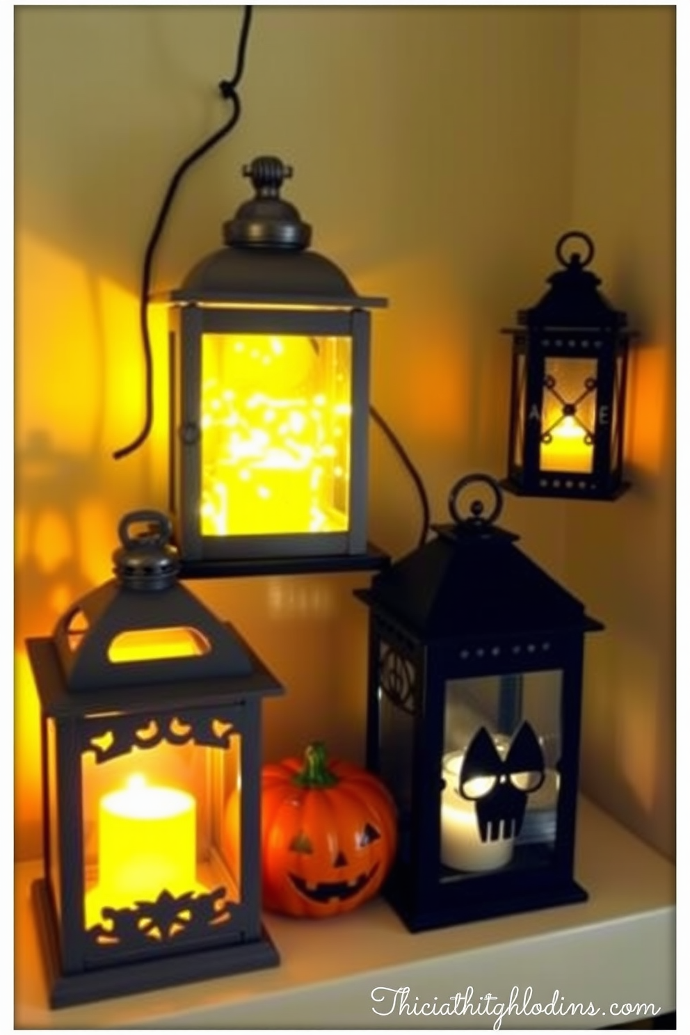 Create a cozy Halloween-themed small space decorated with decorative lanterns that emit flickering lights. The ambiance is warm and inviting, with the lanterns positioned strategically to enhance the festive spirit.