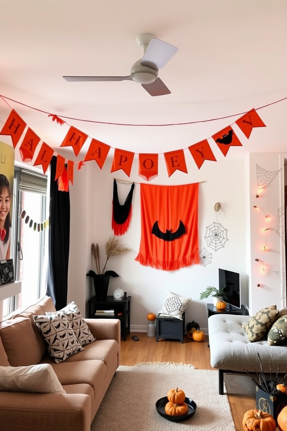 A cozy living room adorned with DIY Halloween banners draped across the walls. The banners feature playful designs in orange and black, adding a festive touch to the space. In a small apartment, clever Halloween decorating ideas create a charming atmosphere. The walls are decorated with subtle spiderwebs and small pumpkins, maximizing the seasonal spirit without overwhelming the space.