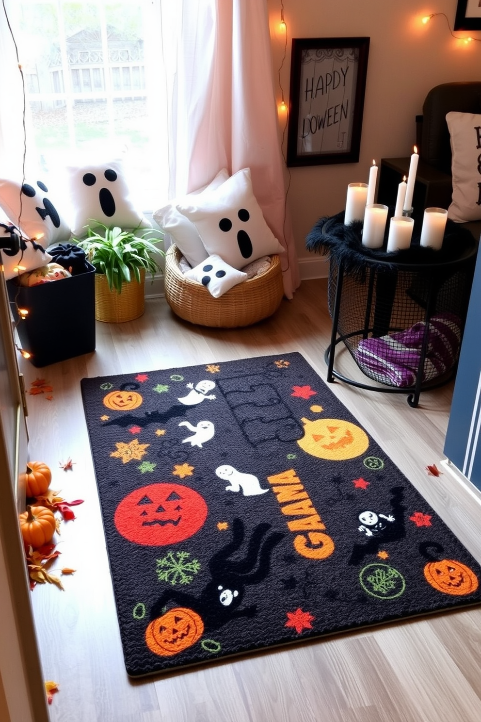 A Halloween-themed doormat welcomes guests at the entrance, featuring spooky designs and vibrant colors. Surrounding the doormat, small potted pumpkins and autumn leaves enhance the festive atmosphere. In the cozy living area, playful decorations like ghost-shaped cushions and string lights create a whimsical vibe. A small table is adorned with a black lace runner and candles in various heights, adding an inviting touch to the space.