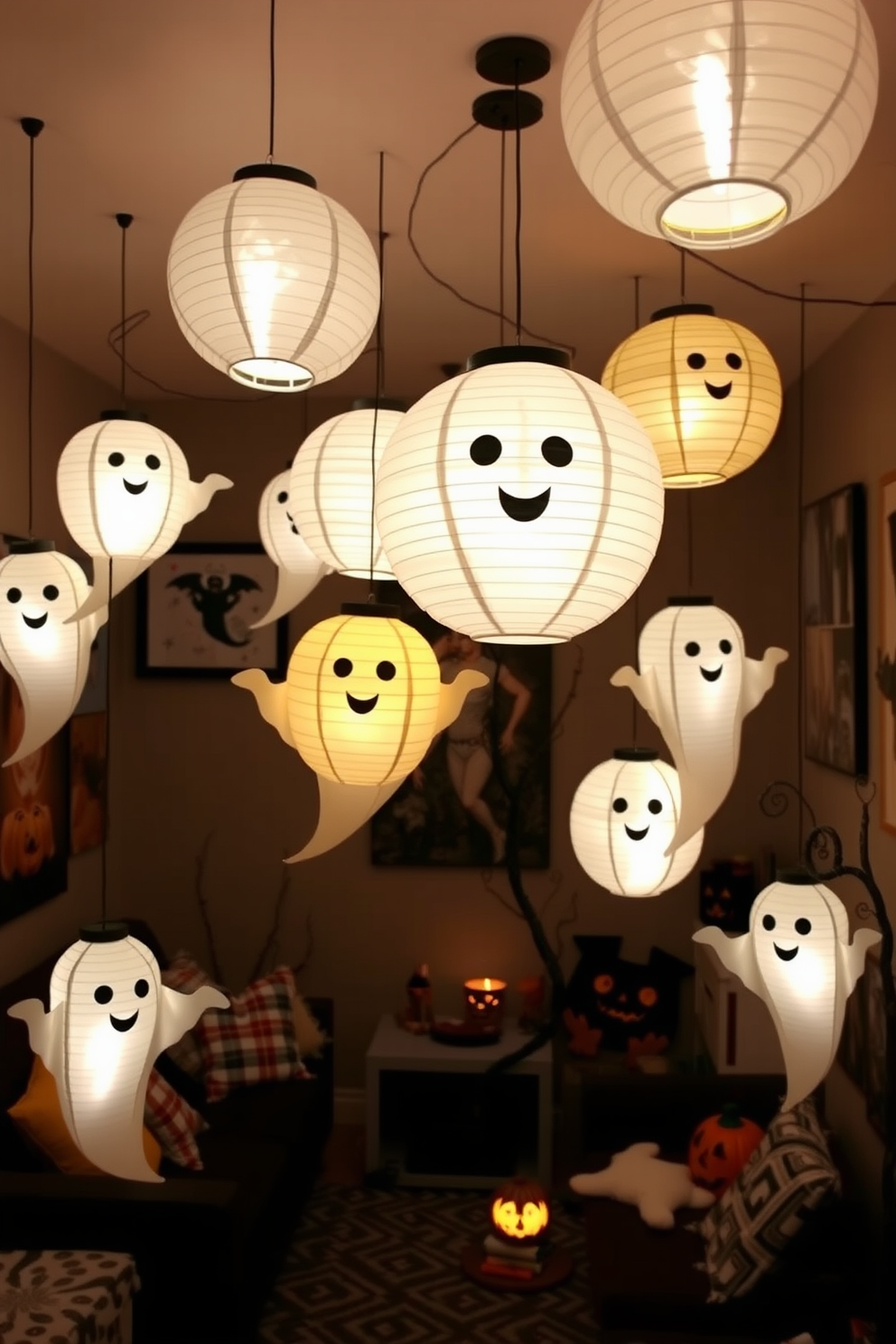 A cozy living area adorned with whimsical paper lanterns shaped like friendly ghosts. The lanterns are hung at varying heights, casting a soft, warm glow throughout the space, while playful Halloween decorations complement the small area without overwhelming it.