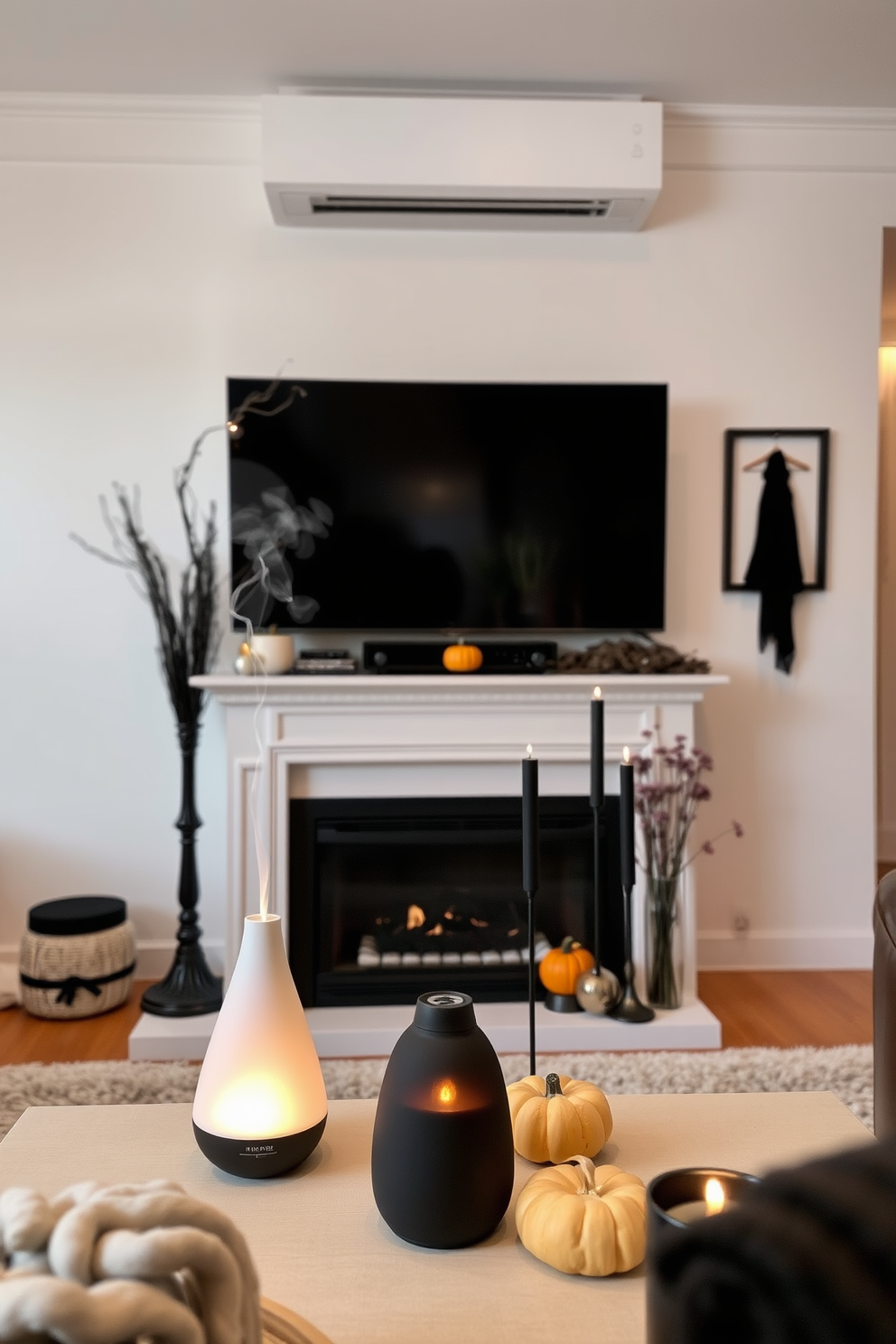 A cozy living room filled with seasonal scents from oil diffusers. The air is infused with warm notes of cinnamon and apple, creating a welcoming atmosphere. A stylish Halloween-themed decor setup in a compact apartment. Subtle touches like miniature pumpkins and black candles enhance the festive spirit without overwhelming the space. Smart storage solutions and minimalist decor elements maximize functionality in a small living area. Soft lighting and layered textures create a warm and inviting environment.