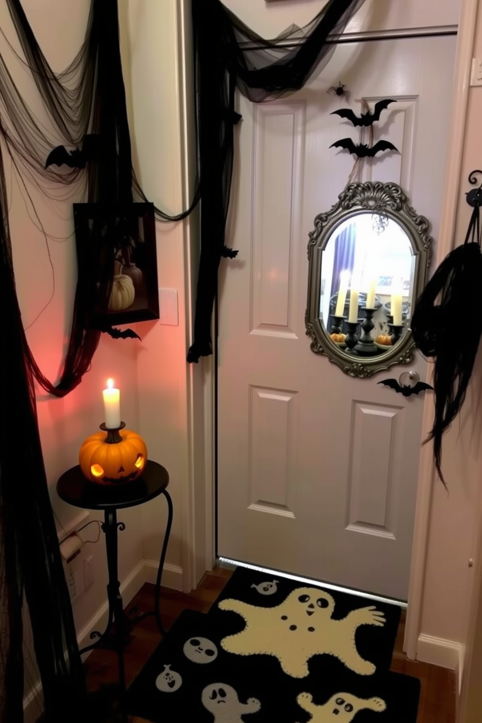 Decorated entryway with spooky accents. The walls are adorned with cobwebs and hanging bats, while a carved pumpkin sits on a small table by the door. A vintage mirror reflects eerie candlelight, casting shadows across the space. A small rug with a ghostly design welcomes guests as they enter this festive Halloween atmosphere.