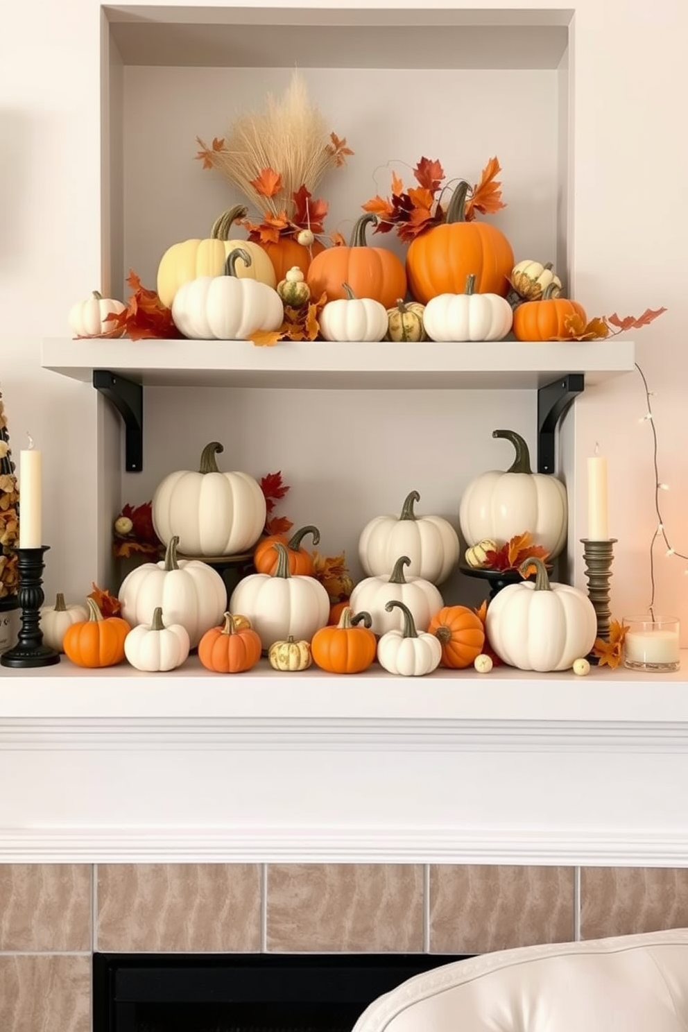 A charming miniature pumpkin display is arranged on open shelves, showcasing a variety of sizes and colors. Soft orange and white pumpkins are interspersed with autumn leaves and small gourds, creating a festive Halloween atmosphere. The shelves are styled with cozy accents like candles and fairy lights, enhancing the warm ambiance. This small space decorating idea brings seasonal cheer without overwhelming the area, making it perfect for intimate settings.