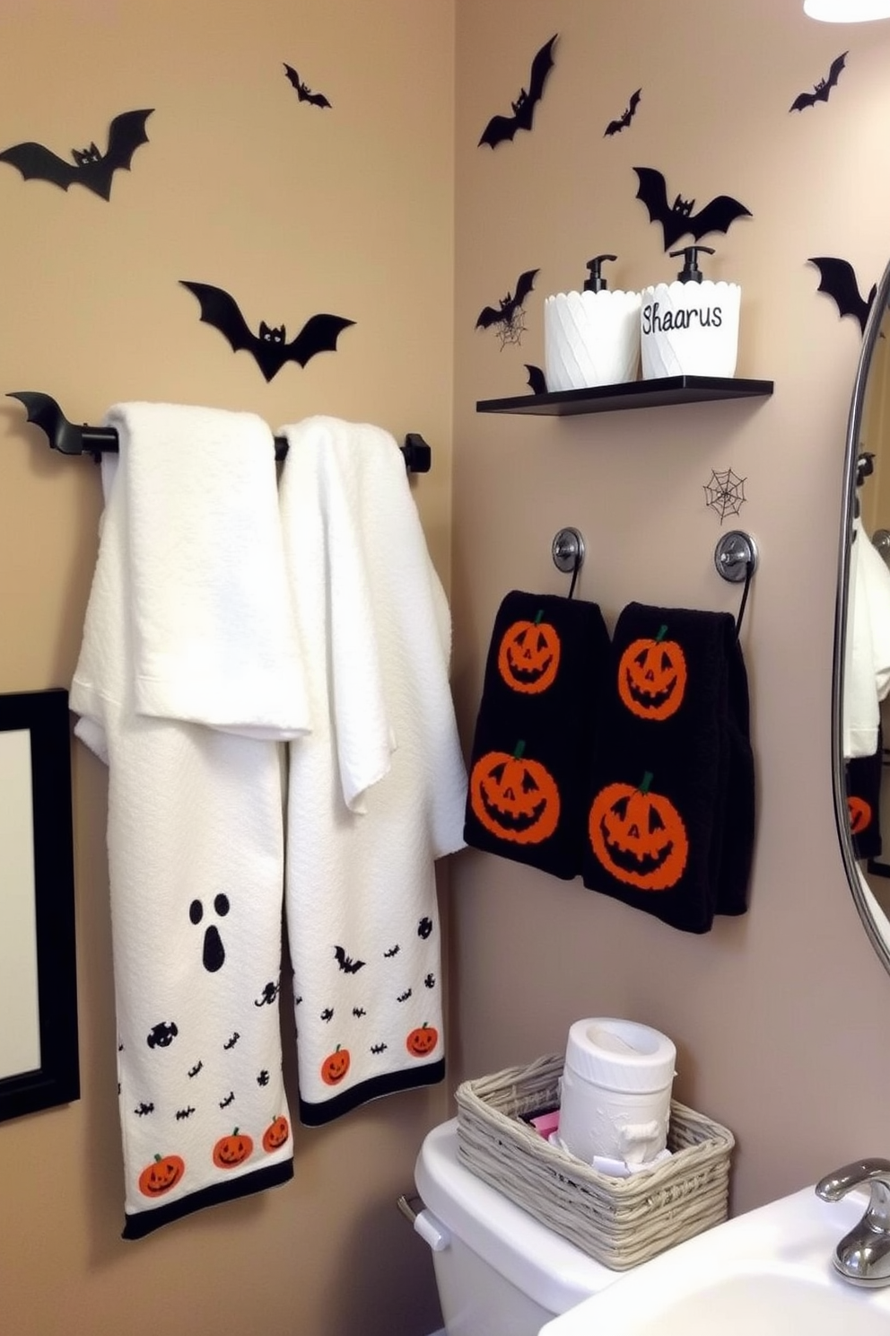 A whimsical Halloween-themed bathroom features spooky accessories such as ghost-shaped soap dispensers and pumpkin-patterned towels. The walls are adorned with playful decals of bats and cobwebs, creating a festive atmosphere. For small space decorating ideas, consider using vertical storage solutions to maximize functionality. Incorporate space-saving shelves and decorative baskets to keep the bathroom organized while adding seasonal touches.