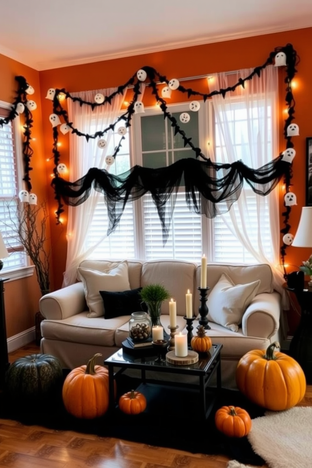 A cozy living room adorned with ghostly garlands draped across the windows, creating a whimsical Halloween atmosphere. The space features a small, inviting sofa with plush cushions and a coffee table decorated with seasonal decor and candles. The walls are painted in a warm, muted orange, enhancing the festive vibe. A few pumpkins are strategically placed on the floor, adding a touch of charm to the small space while maintaining a stylish look.